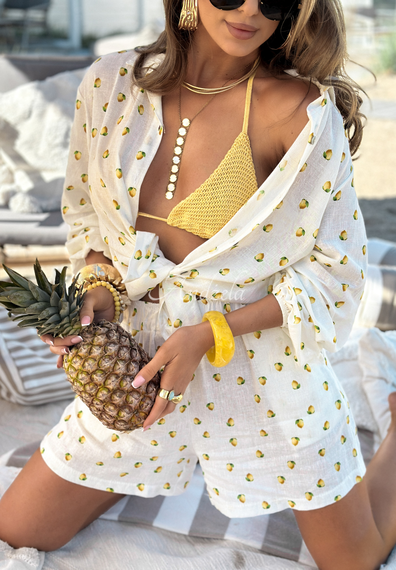 Lněná souprava košile a šortky s citronovým vzorem Fresh Lemon Juice ecru