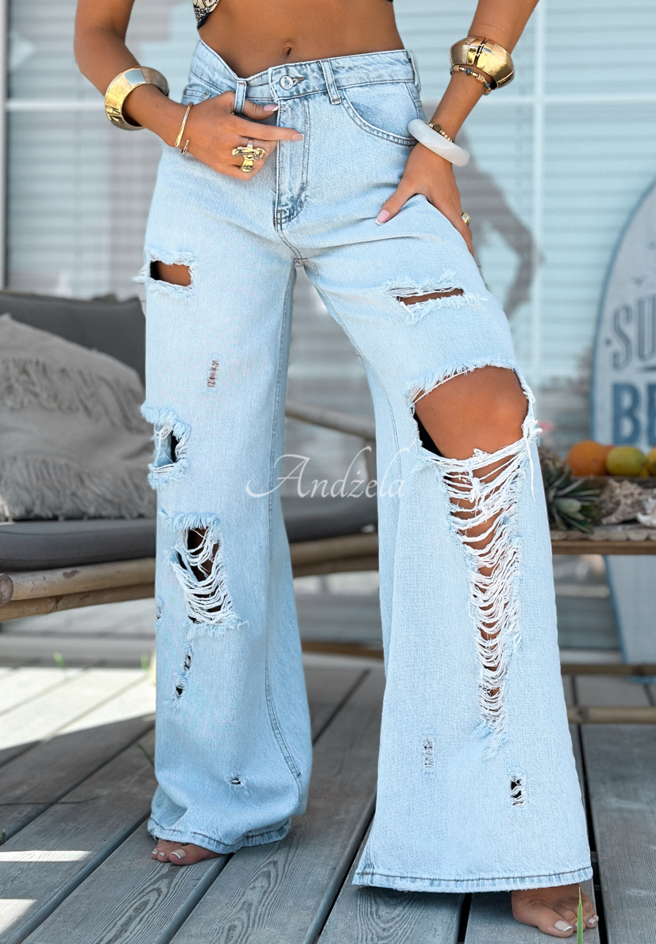 Džínové kalhoty wide leg s oděrkami Stunning Choice světle modré