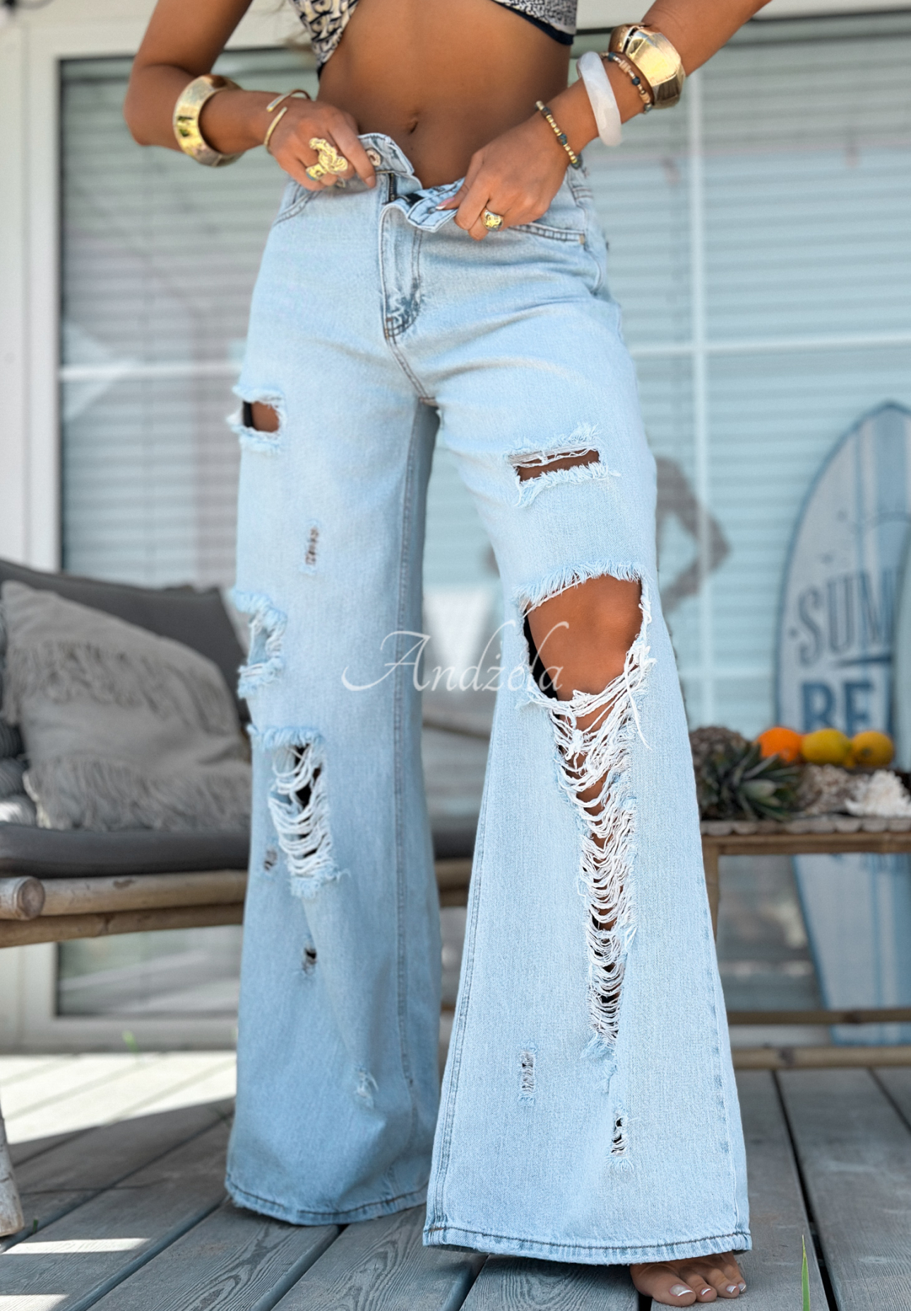 Džínové kalhoty wide leg s oděrkami Stunning Choice světle modré
