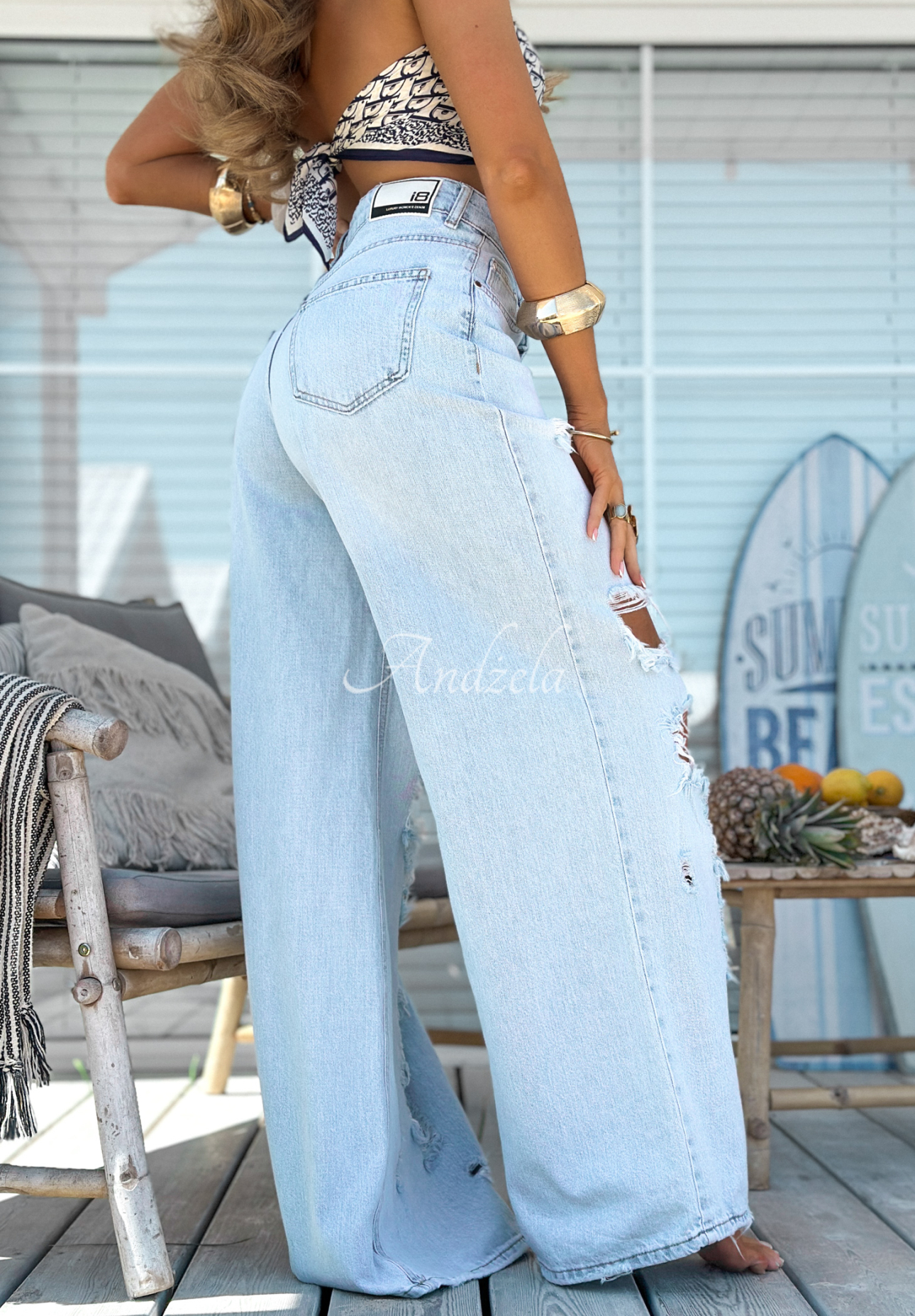 Džínové kalhoty wide leg s oděrkami Stunning Choice světle modré