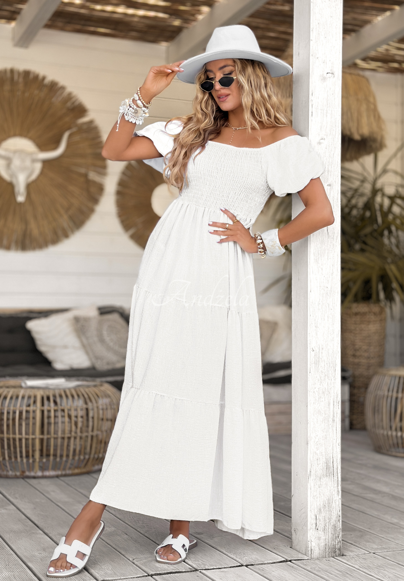 Maxi šaty s nabíranými rukávy Summery Queen Bílá