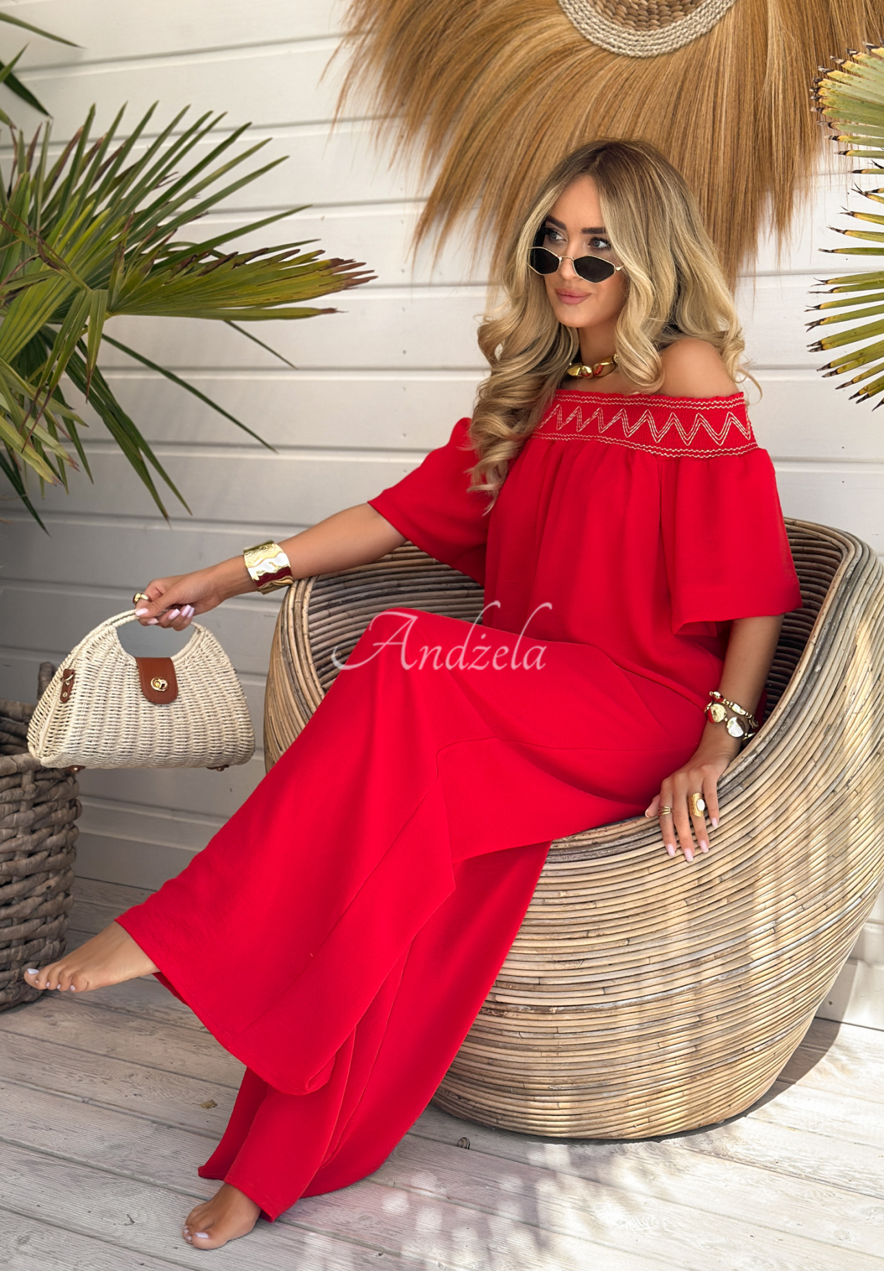 Vyšívaná souprava halenka a kalhoty wide leg Summer Life červený
