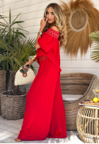 Haftowany Souprava Halenka i Kalhoty wide leg Summer Life červený