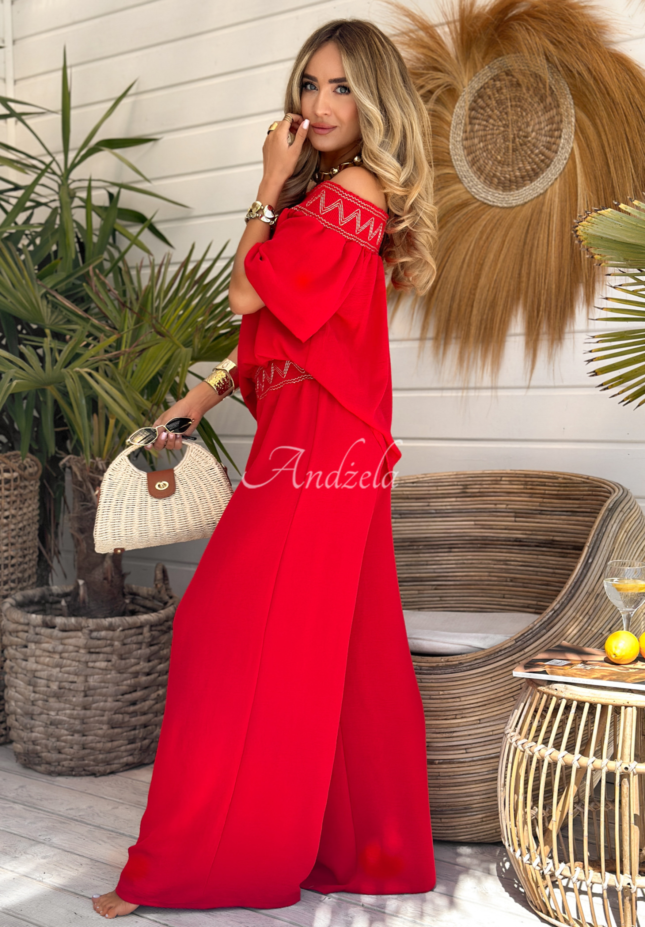 Vyšívaná souprava halenka a kalhoty wide leg Summer Life červený