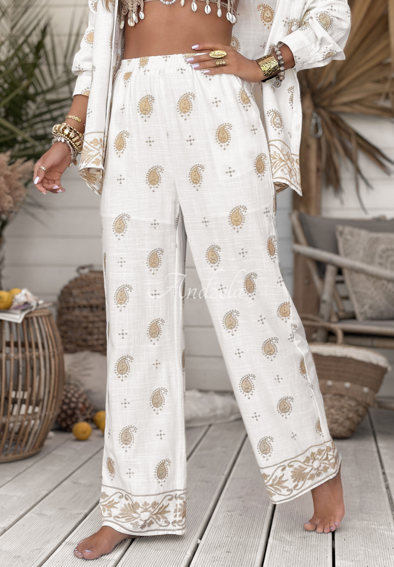 Vyšívané lněné kalhoty boho Serene Beaches ecru