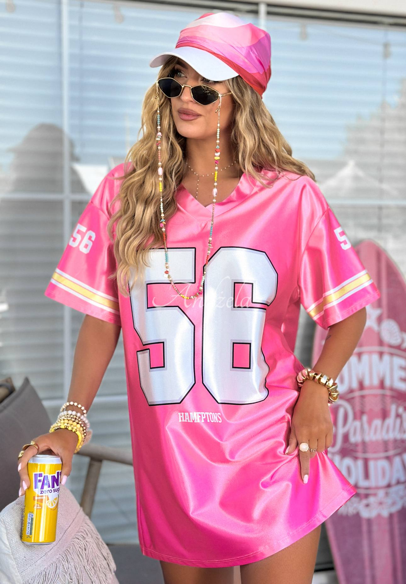 Dlouhé tričkové šaty s potisky Number 56 růžový