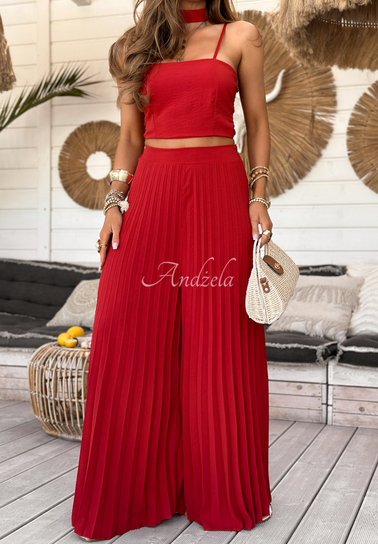 Souprava top a plisované kalhoty wide leg Beverly Shores červený