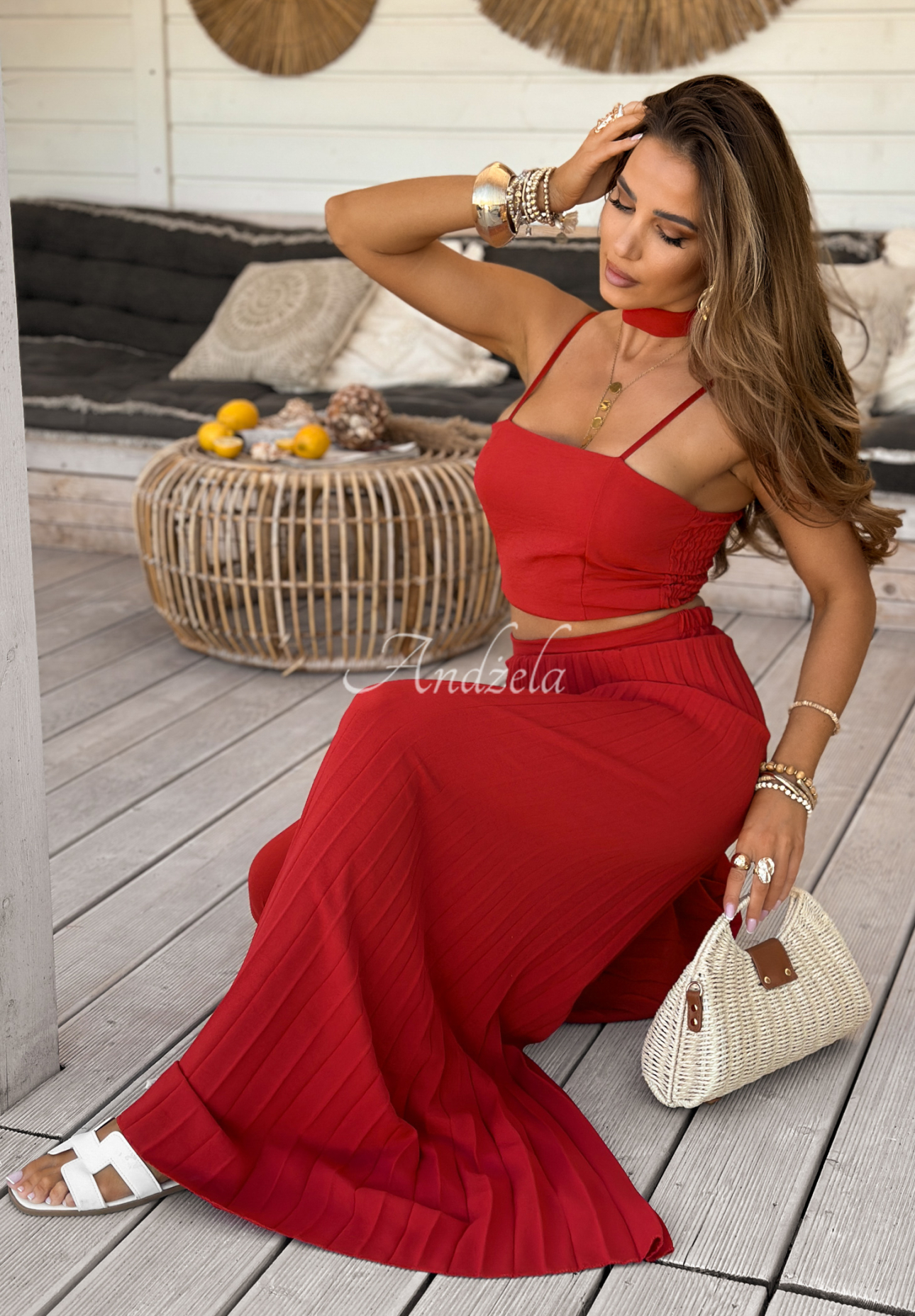 Souprava top a plisované kalhoty wide leg Beverly Shores červený