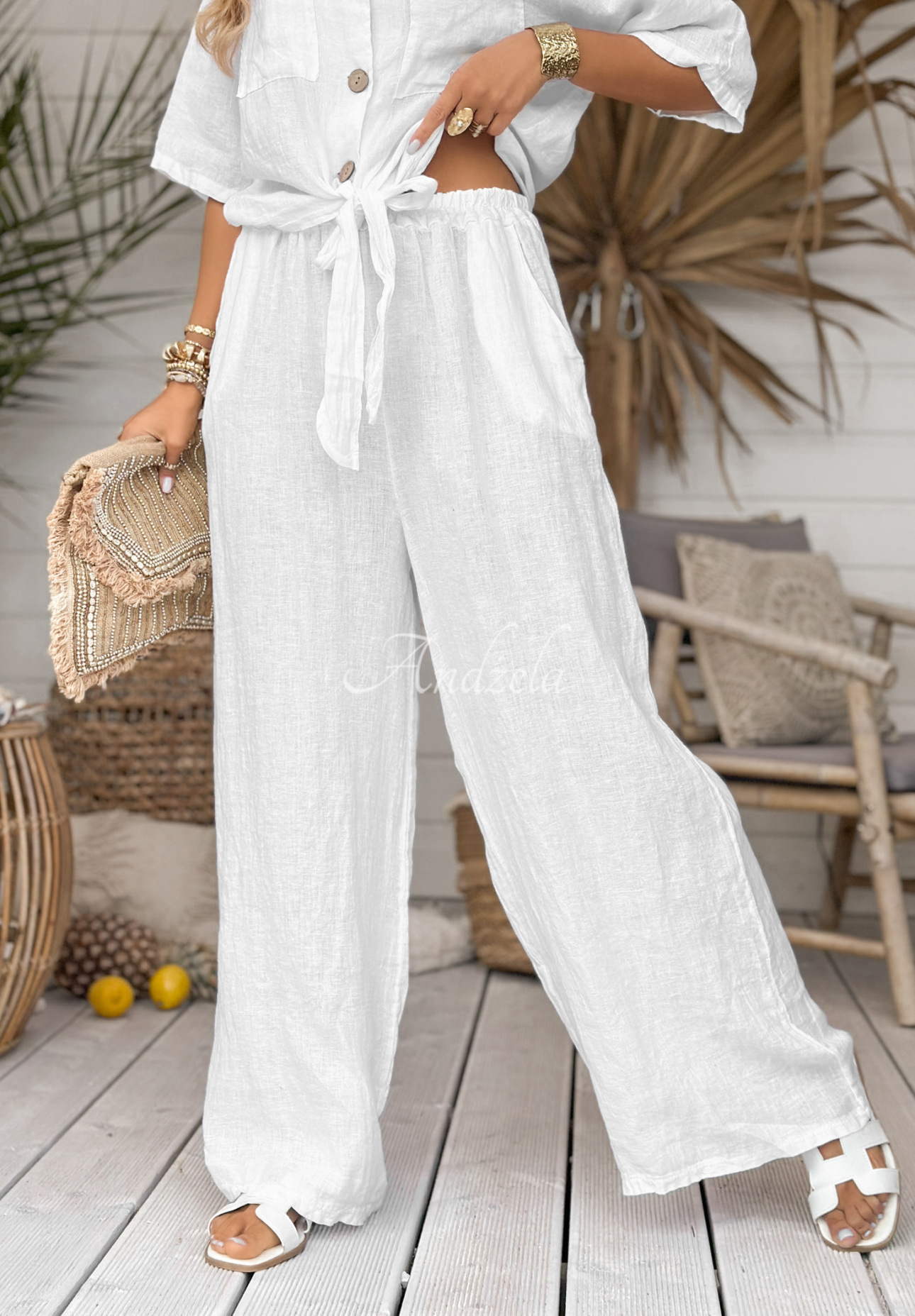 Lněné kalhoty wide leg On Vacation bílé