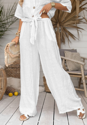 Lněné kalhoty wide leg On Vacation bílé