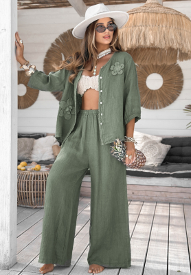 Lněné kalhoty wide leg On Vacation khaki