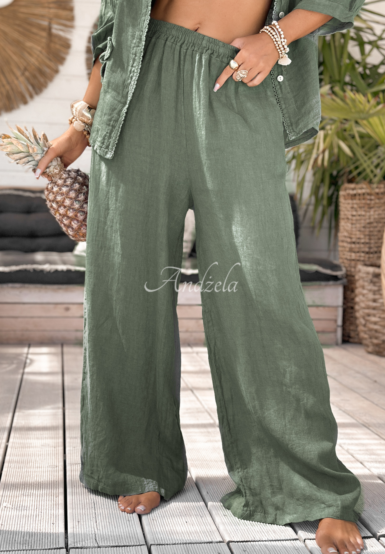 Lněné kalhoty wide leg On Vacation khaki