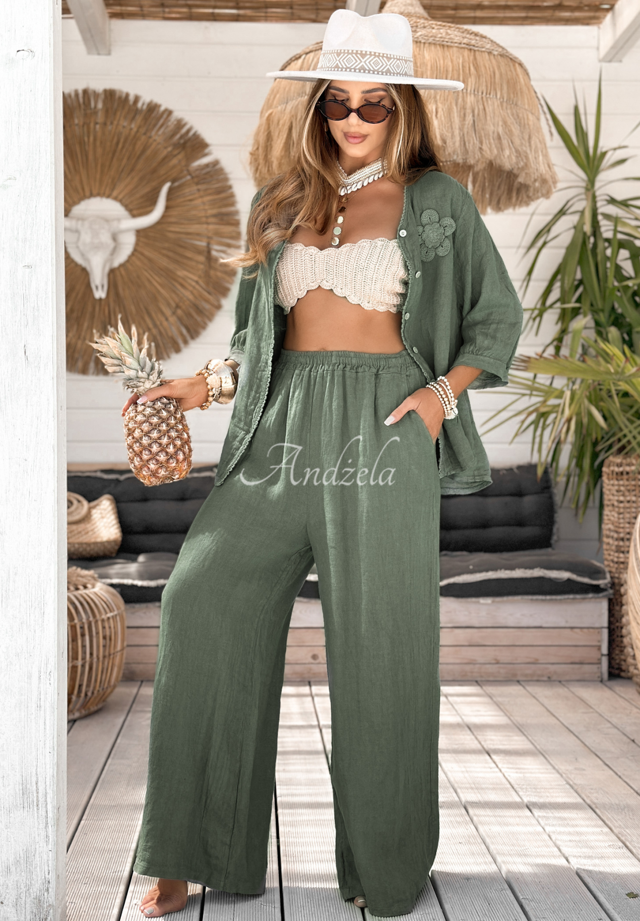 Lněné kalhoty wide leg On Vacation khaki
