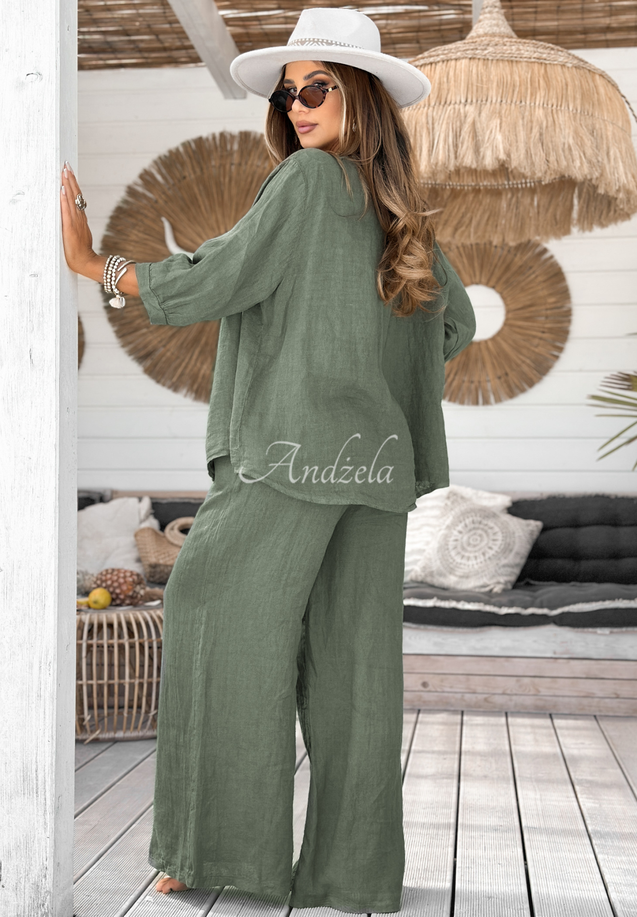 Lněné kalhoty wide leg On Vacation khaki