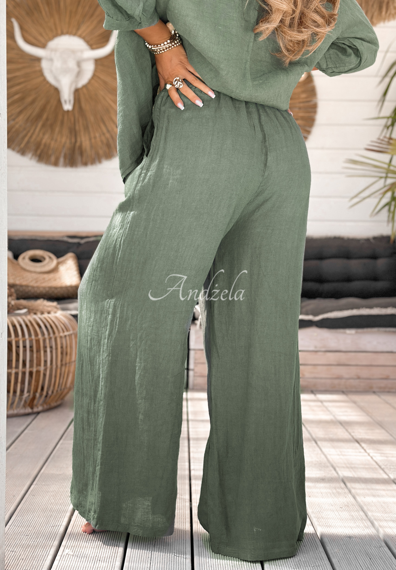 Lněné kalhoty wide leg On Vacation khaki