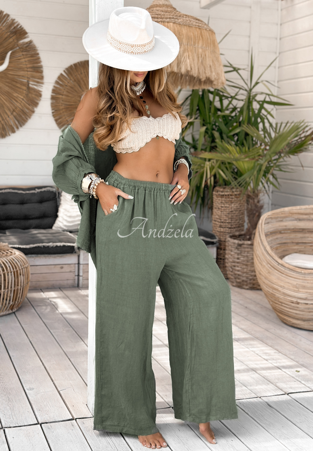 Lněné kalhoty wide leg On Vacation khaki