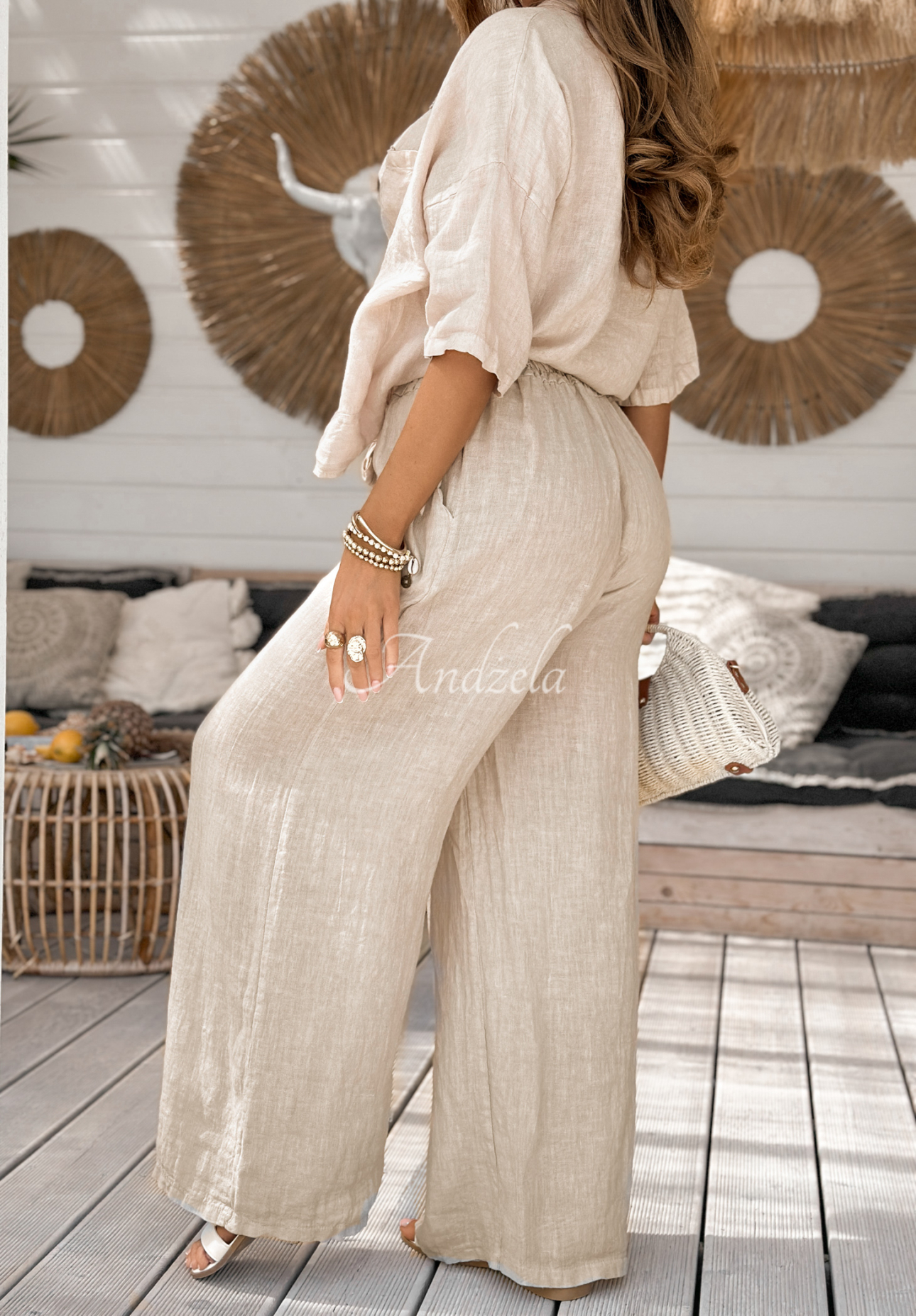 Lněné kalhoty wide leg On Vacation béžové