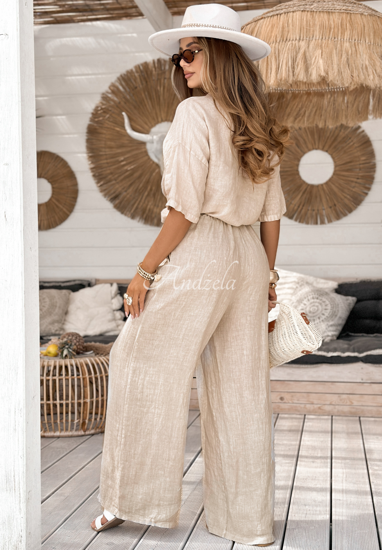 Lněné kalhoty wide leg On Vacation béžové