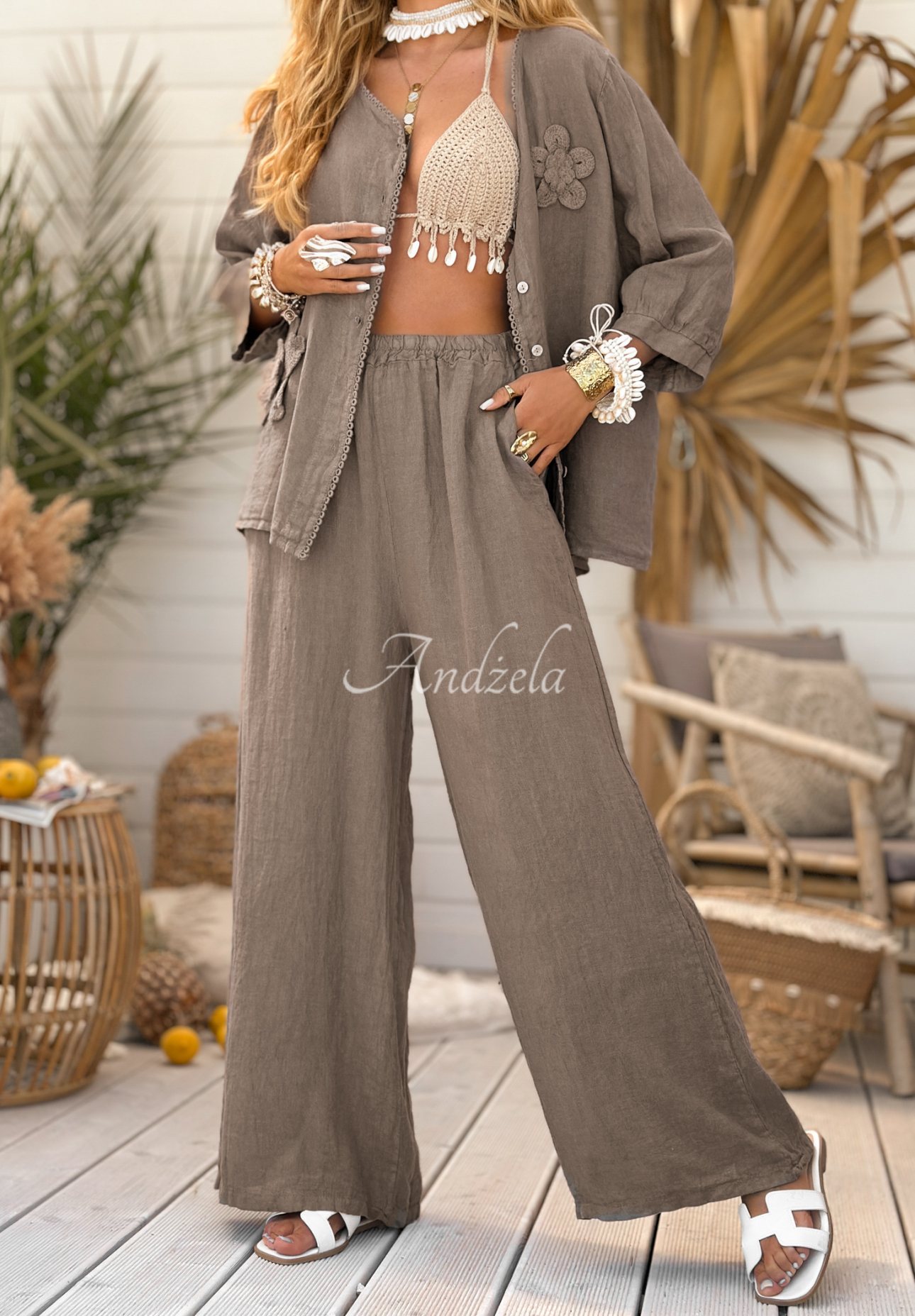 Lněné kalhoty wide leg On Vacation Mokka