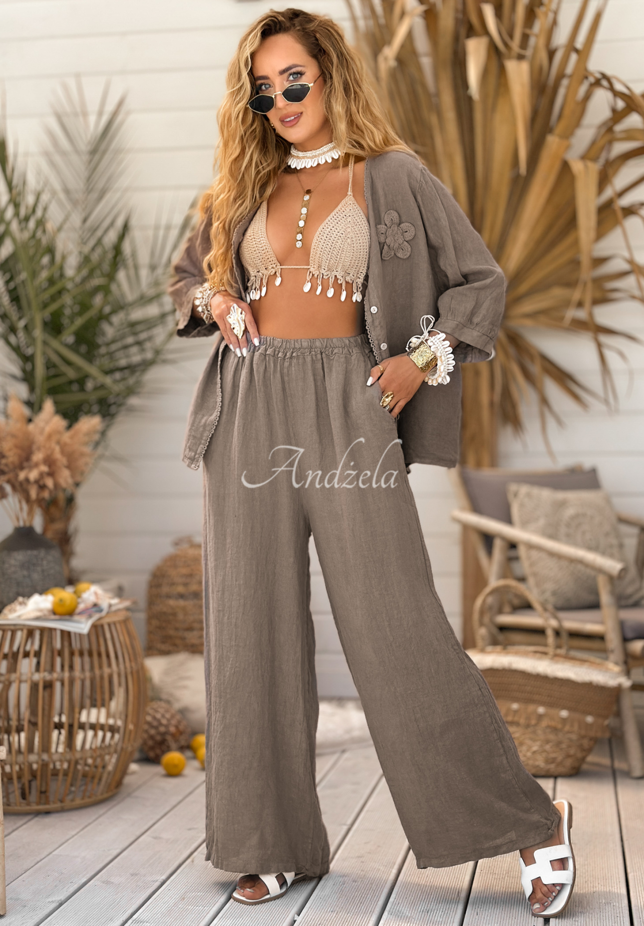Lněné kalhoty wide leg On Vacation Mokka