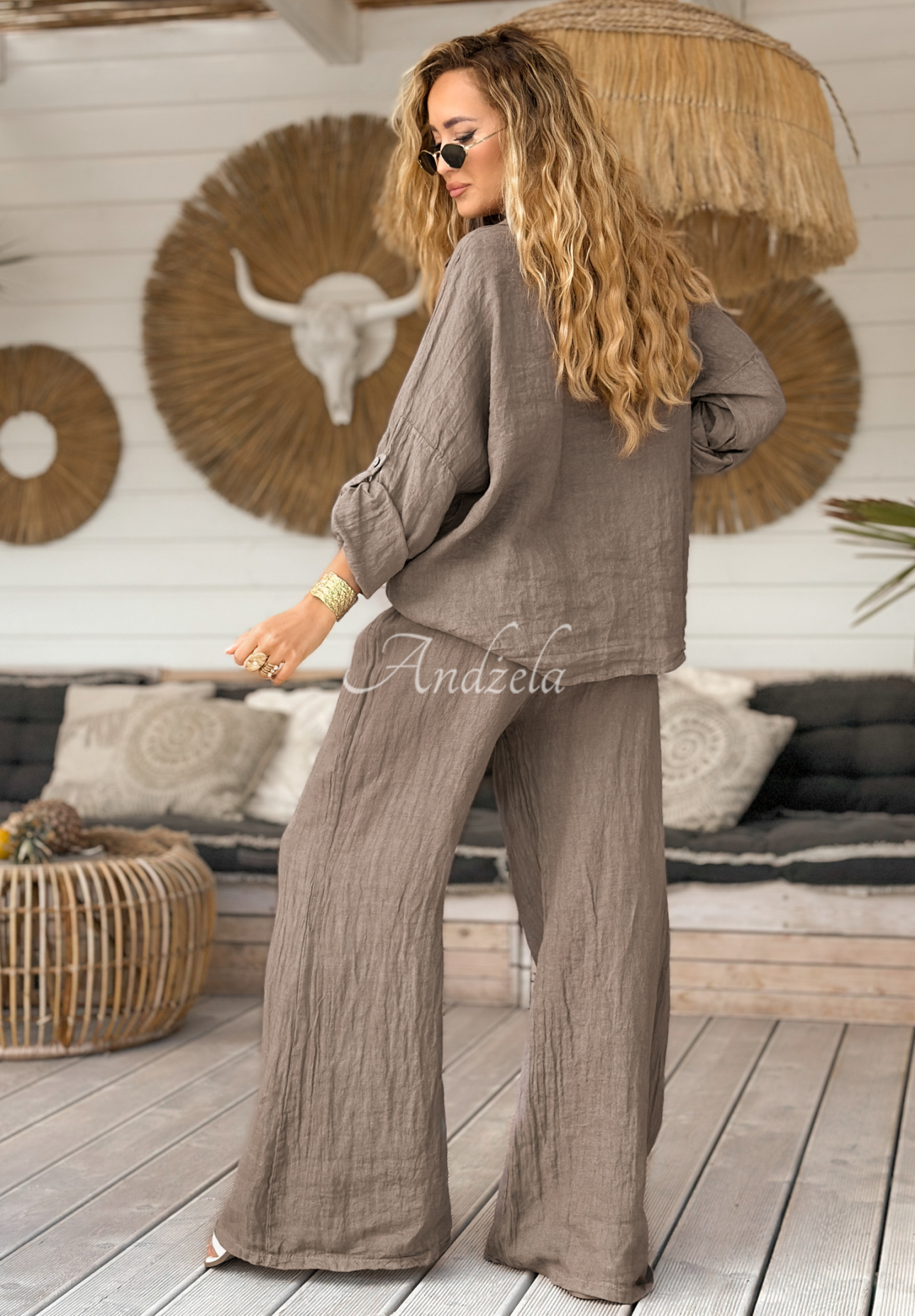 Lněné kalhoty wide leg My Summer Soul Mokka