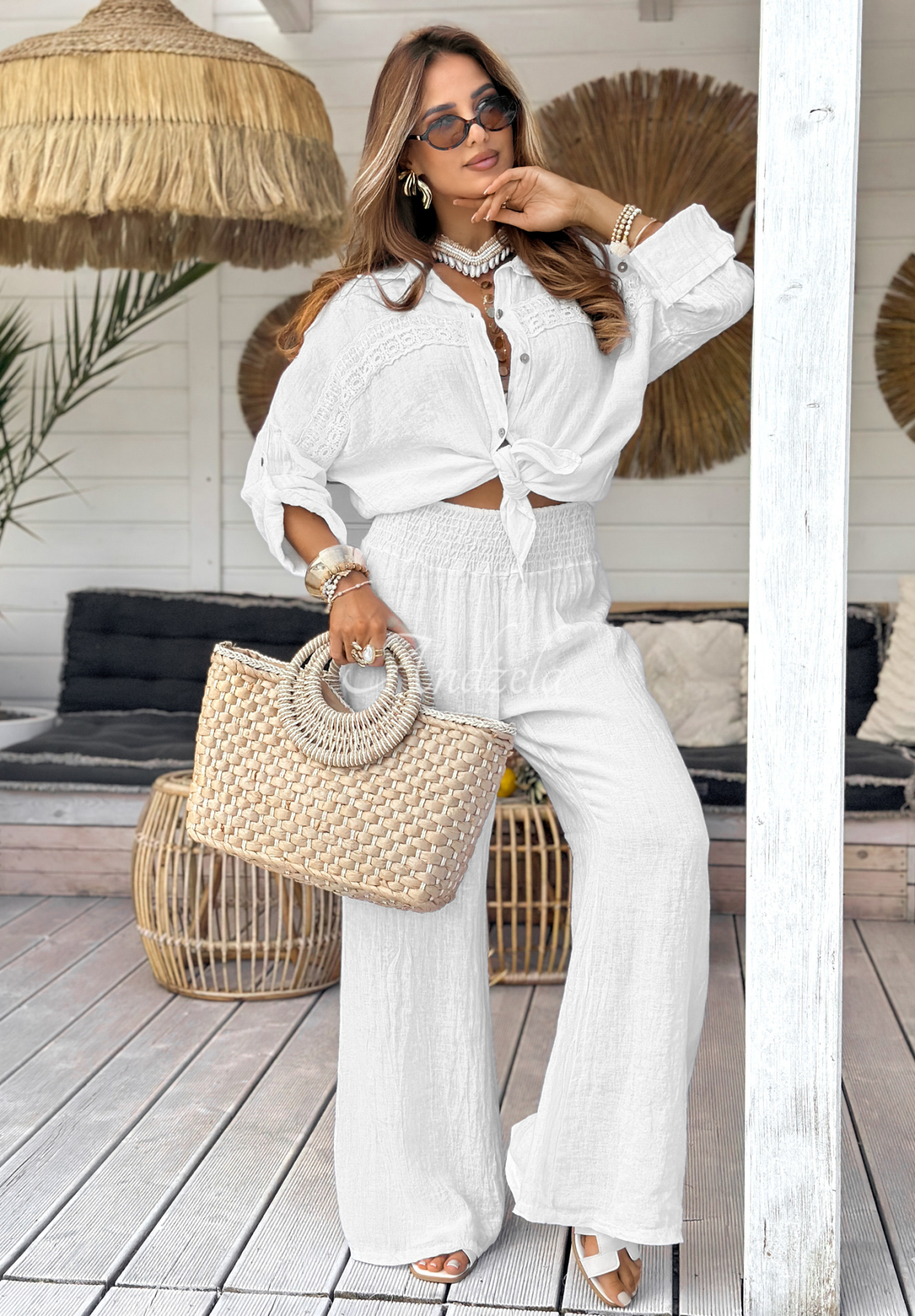 Lněné kalhoty wide leg My Summer Soul bílé