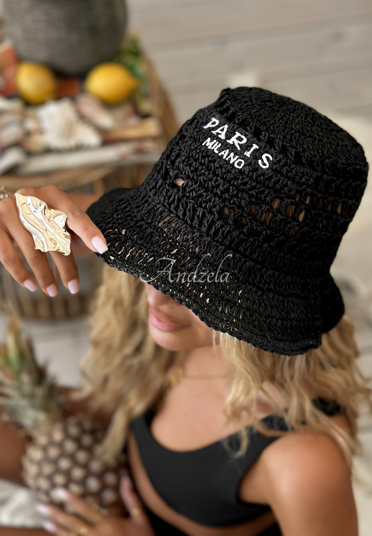 Pletený klobouk bucket hat Paris Milano Černé