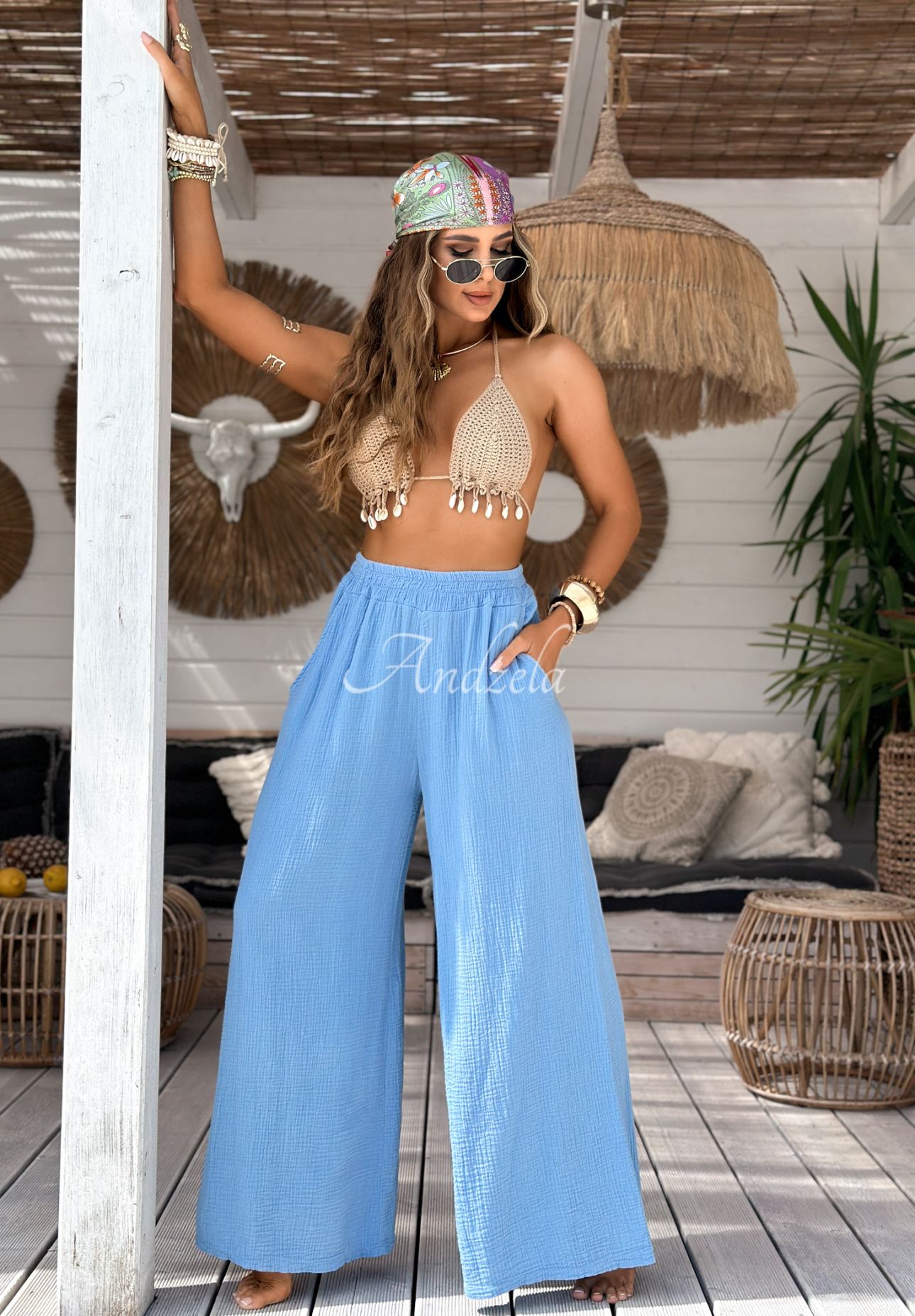 Mušelínové kalhoty wide leg Paradise Bay blankytné