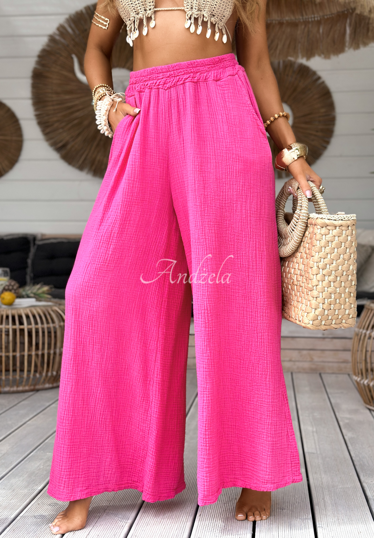 Mušelínové kalhoty wide leg Paradise Bay fuchsiové
