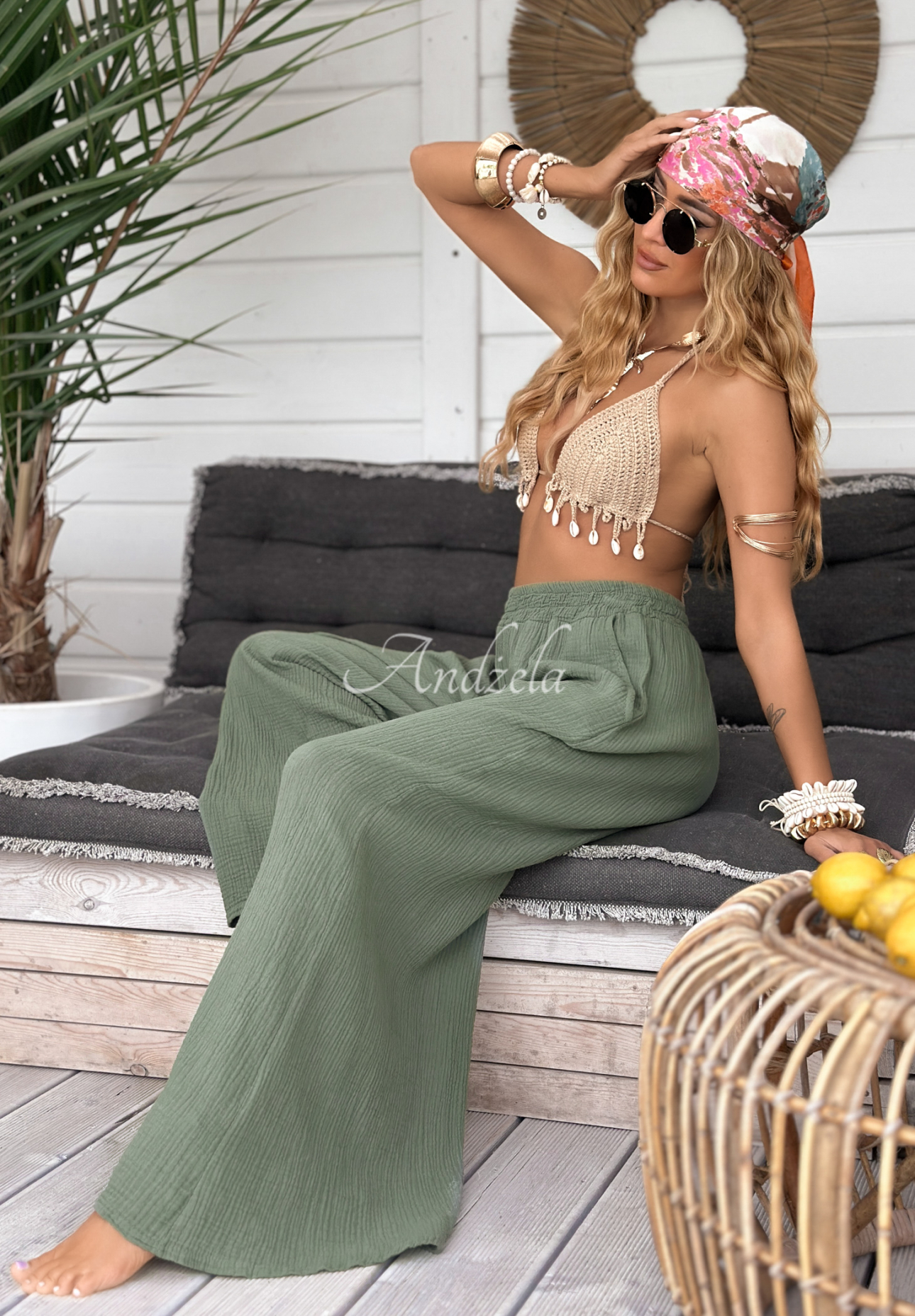 Mušelínové kalhoty wide leg Paradise Bay khaki