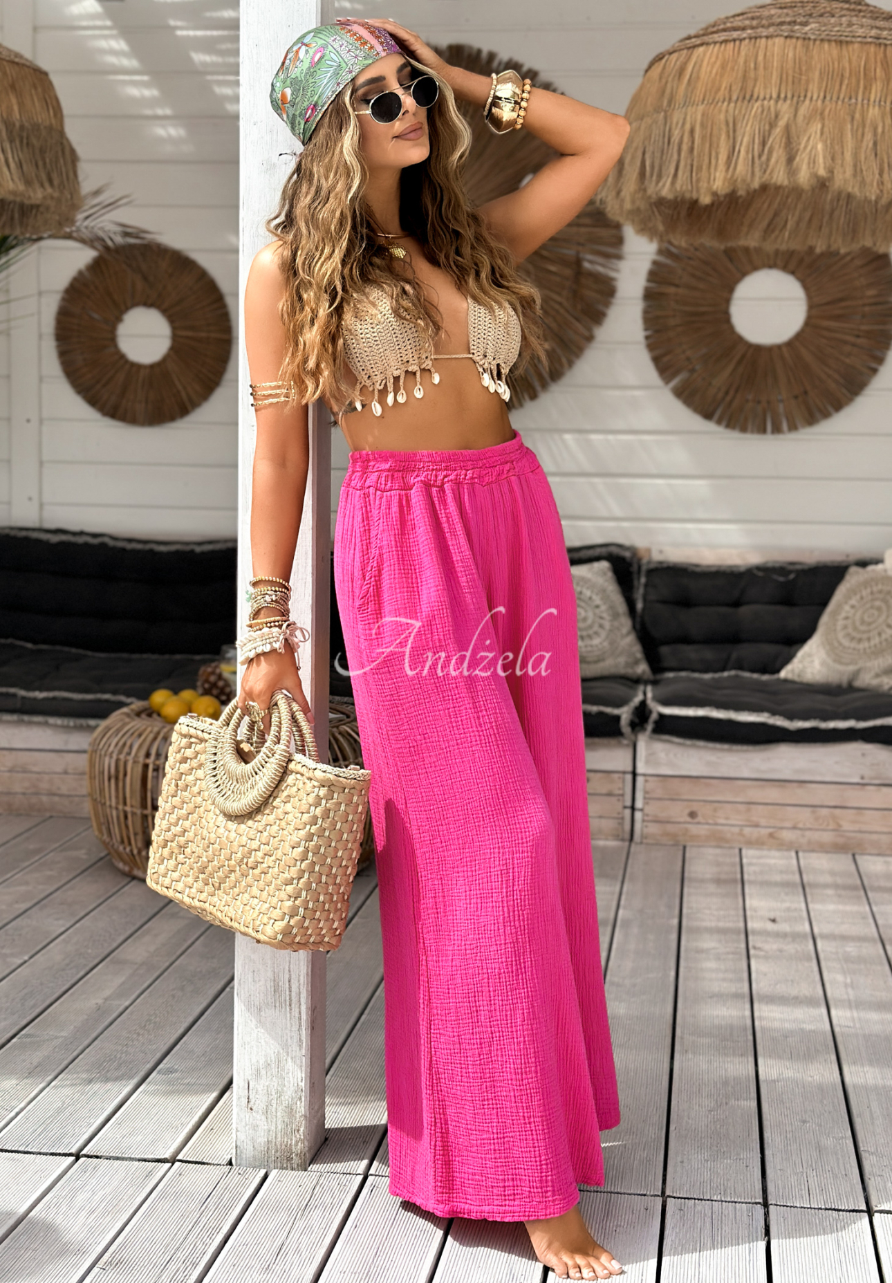 Mušelínové kalhoty wide leg Paradise Bay fuchsiové