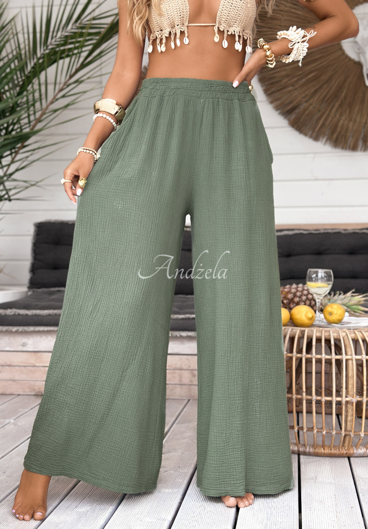 Mušelínové kalhoty wide leg Paradise Bay khaki
