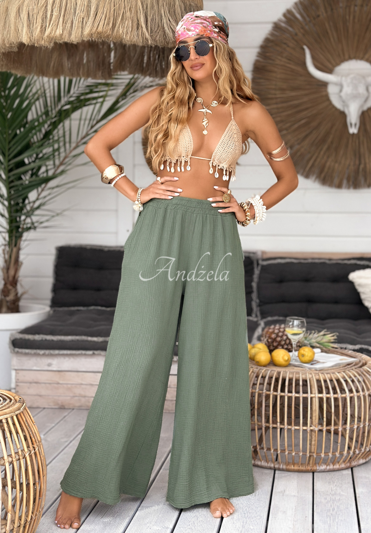 Mušelínové kalhoty wide leg Paradise Bay khaki