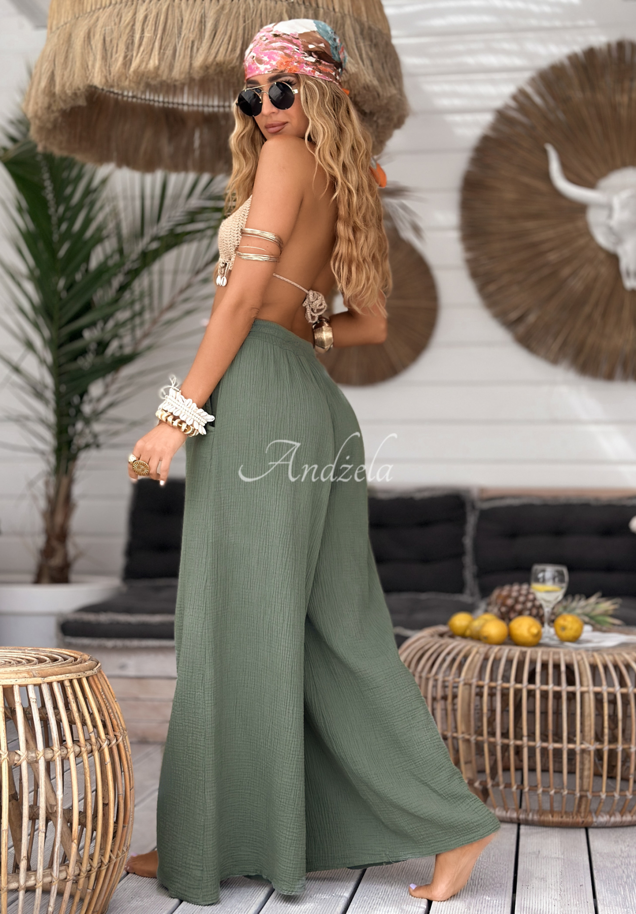 Mušelínové kalhoty wide leg Paradise Bay khaki