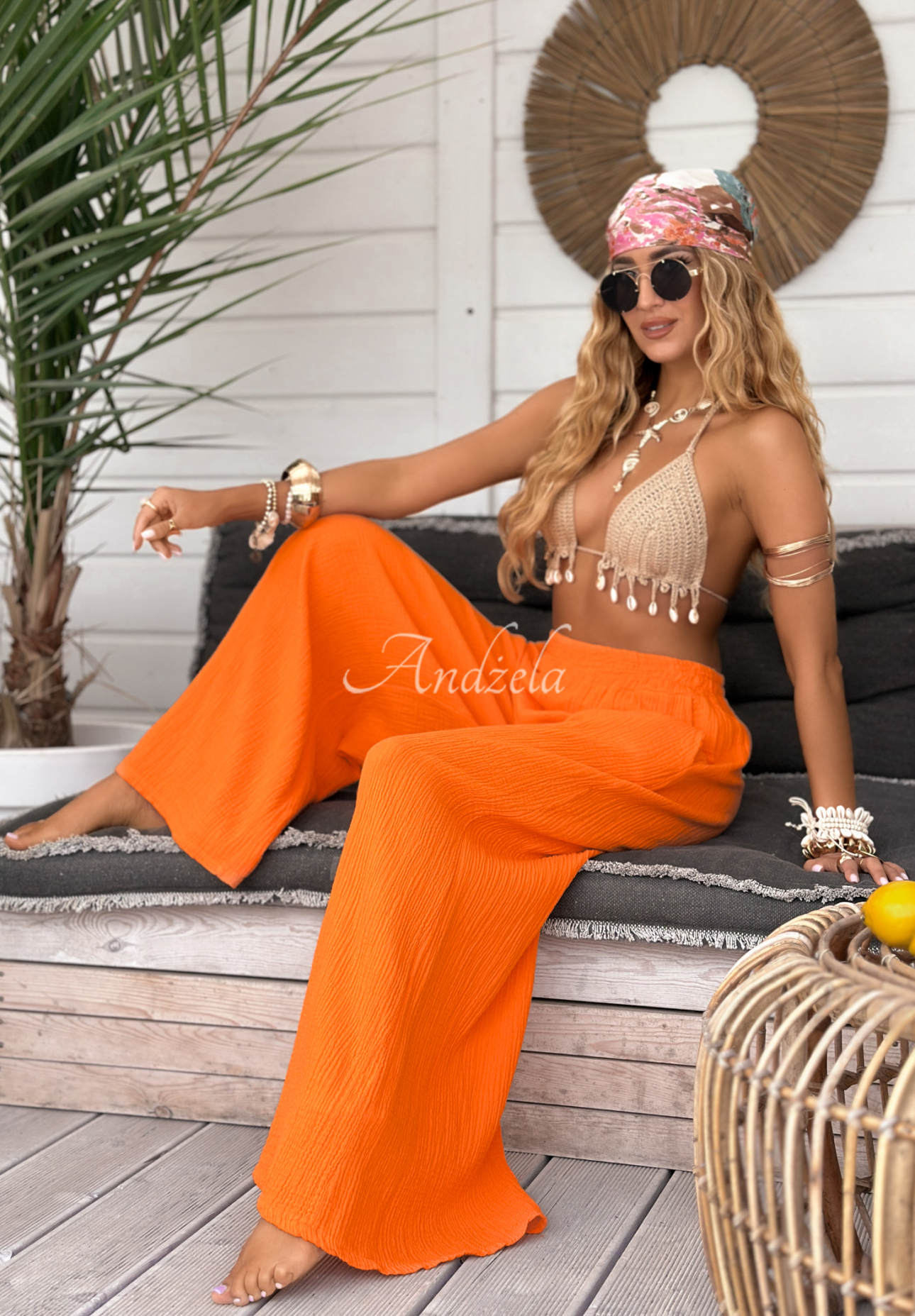 Mušelínové kalhoty wide leg Paradise Bay oranžové