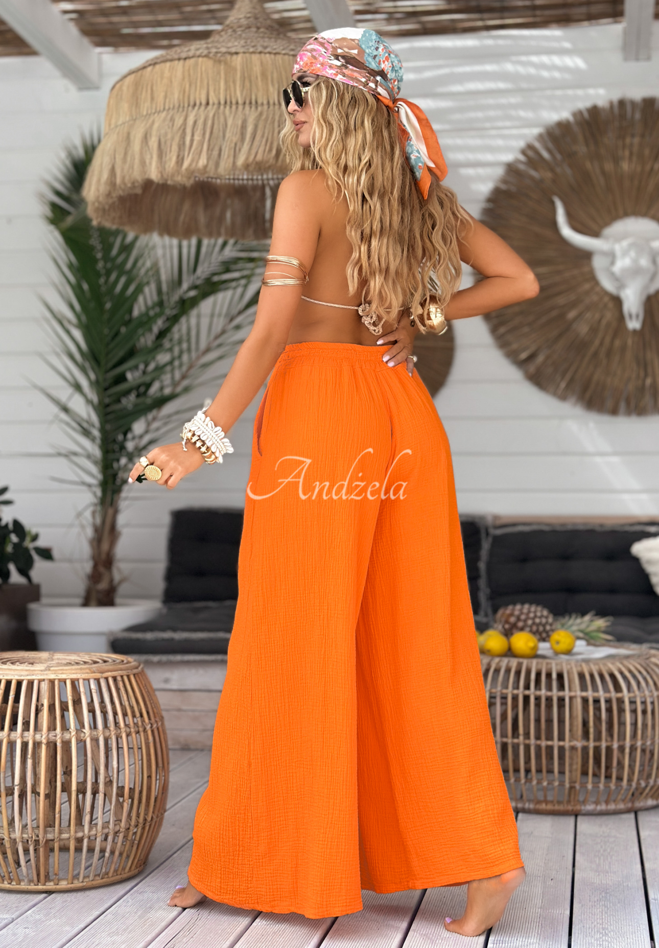 Mušelínové kalhoty wide leg Paradise Bay oranžové