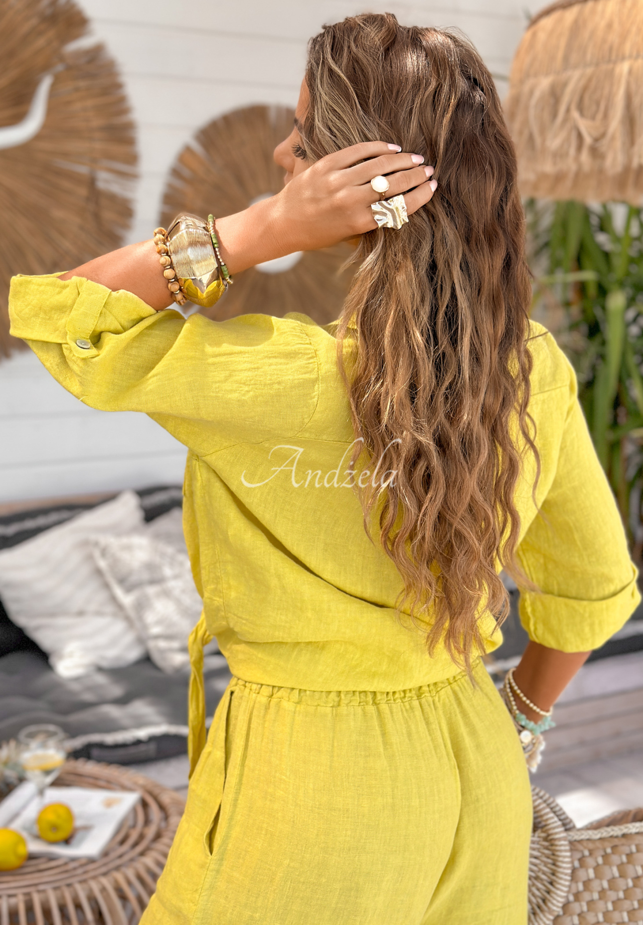 Lněné kalhoty wide leg On Vacation limetkové