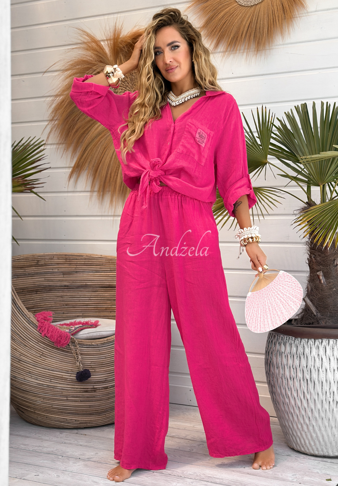 Lněné kalhoty wide leg On Vacation fuchsiové