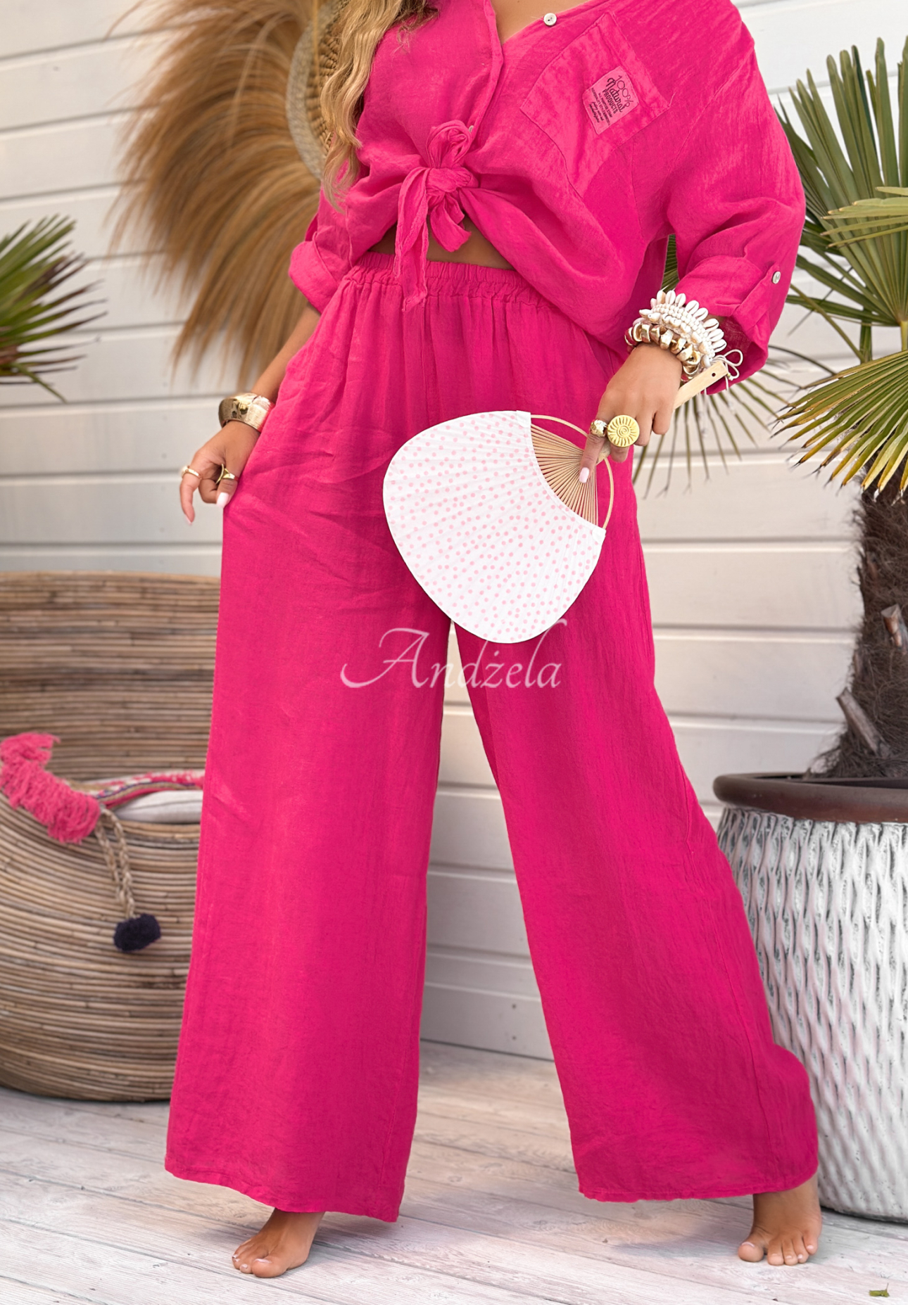 Lněné kalhoty wide leg On Vacation fuchsiové