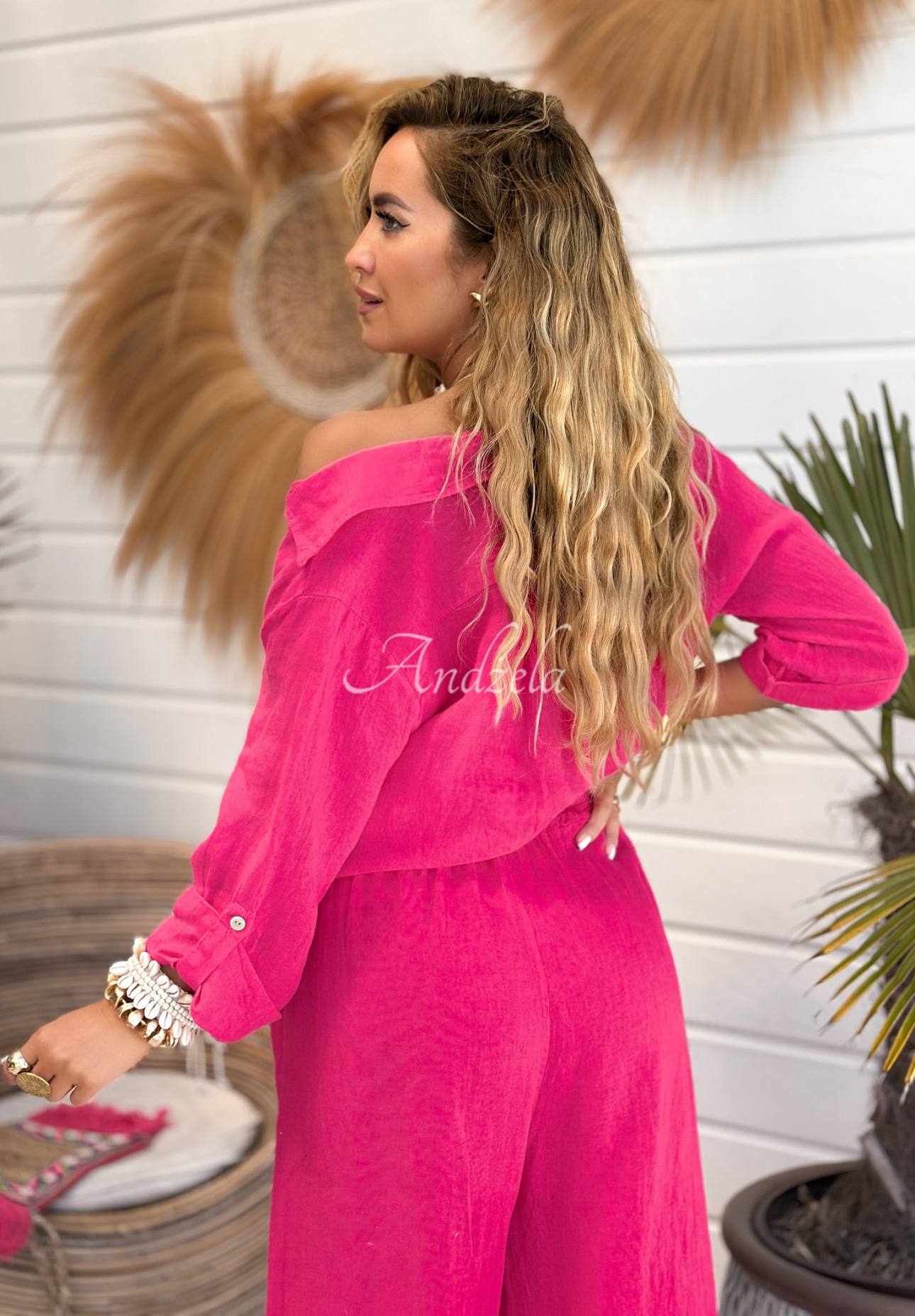 Lněné kalhoty wide leg On Vacation fuchsiové