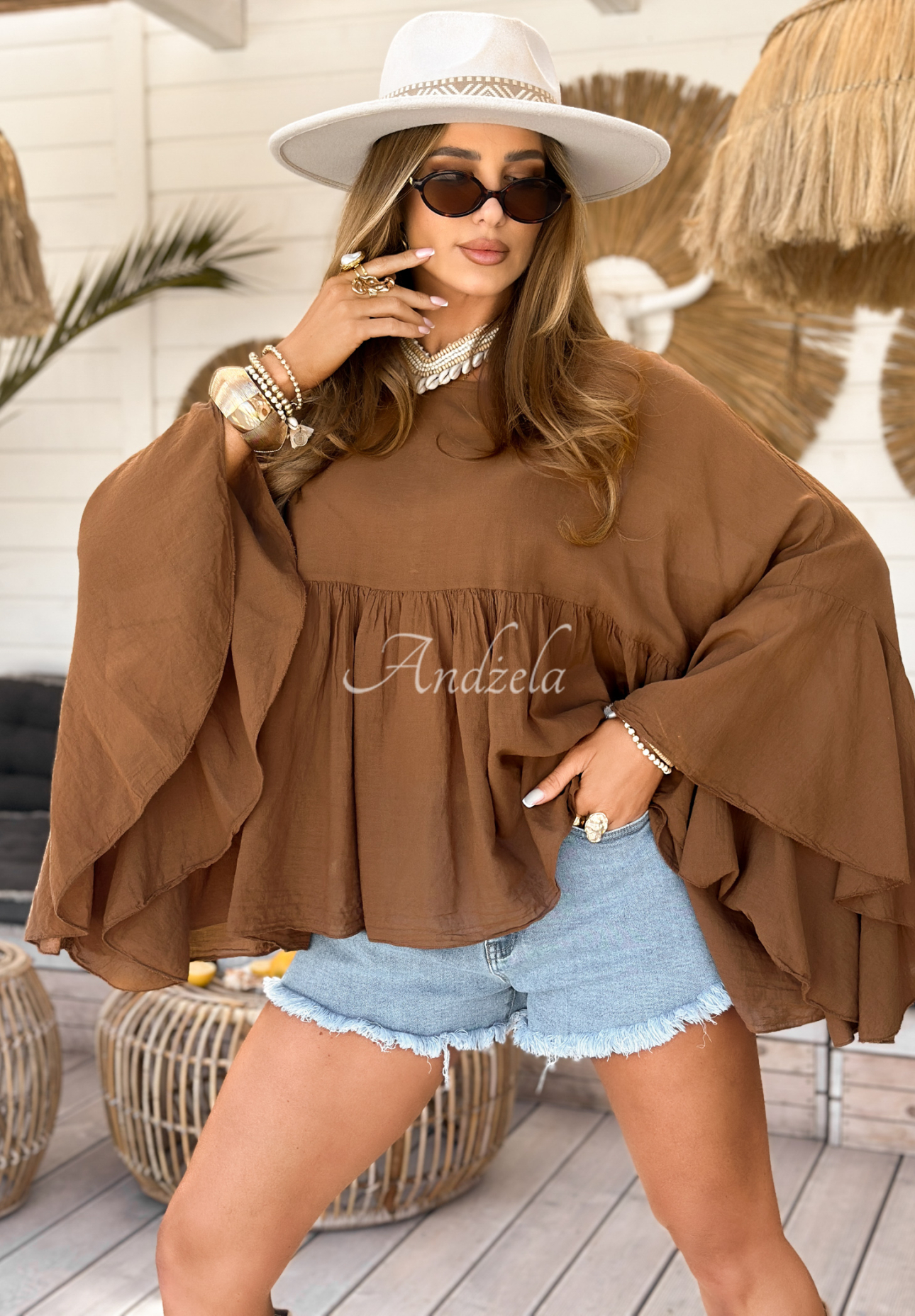 Oversize halenka s volánky Sunkissed Bliss velbloudí