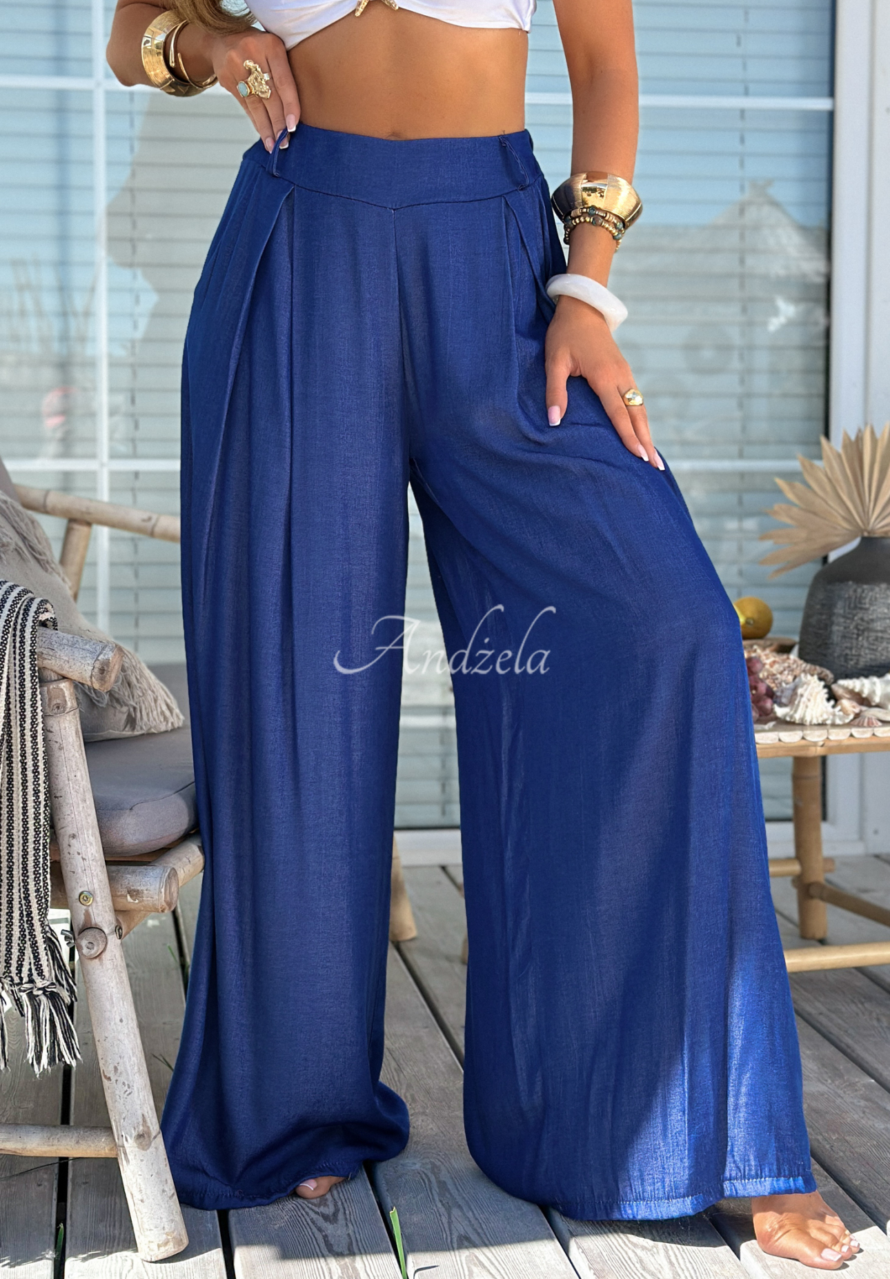 Látkové kalhoty wide leg Set The Rules modré
