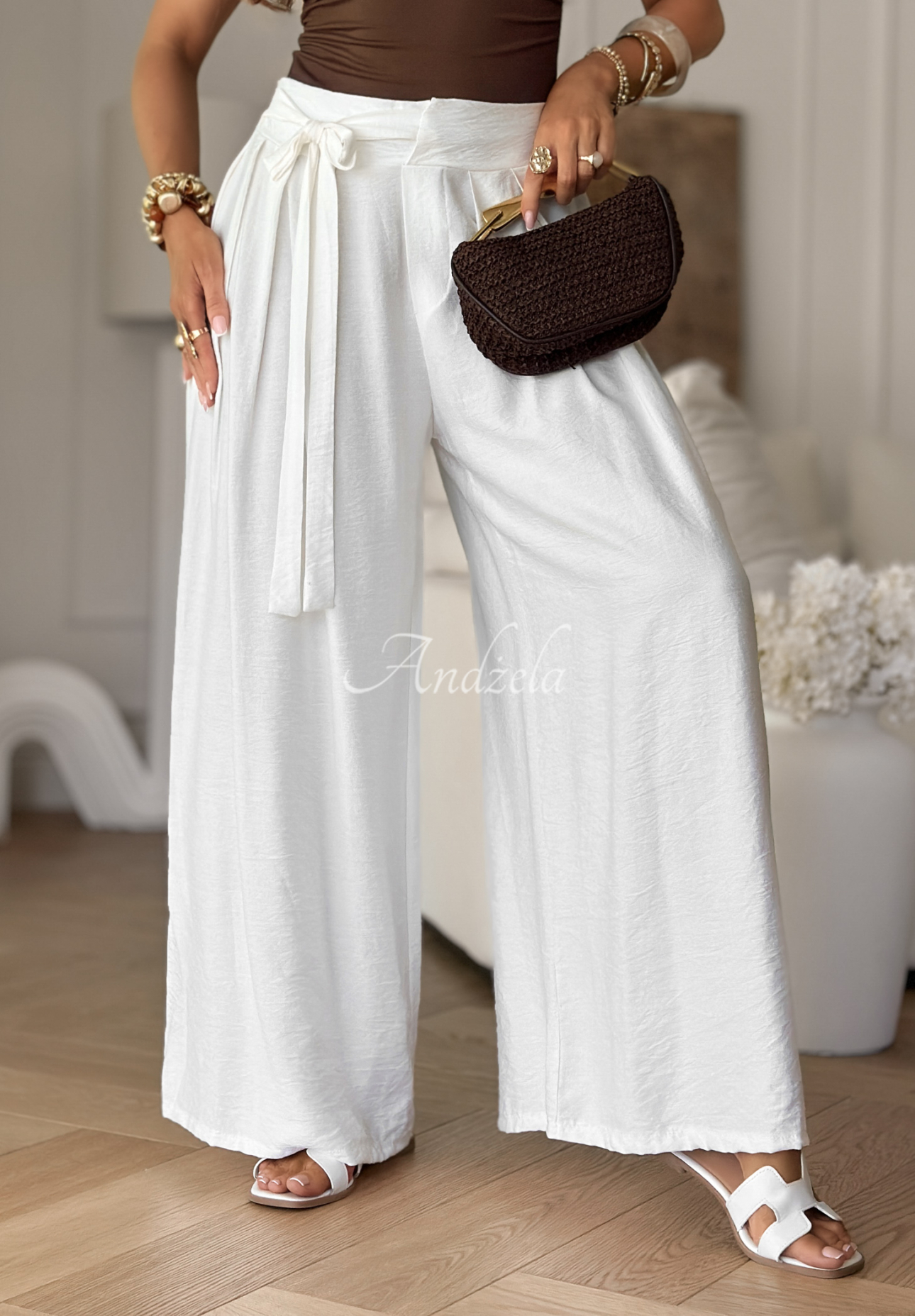 Viskózové kalhoty wide leg s vázáním Wavy Happiness ecru