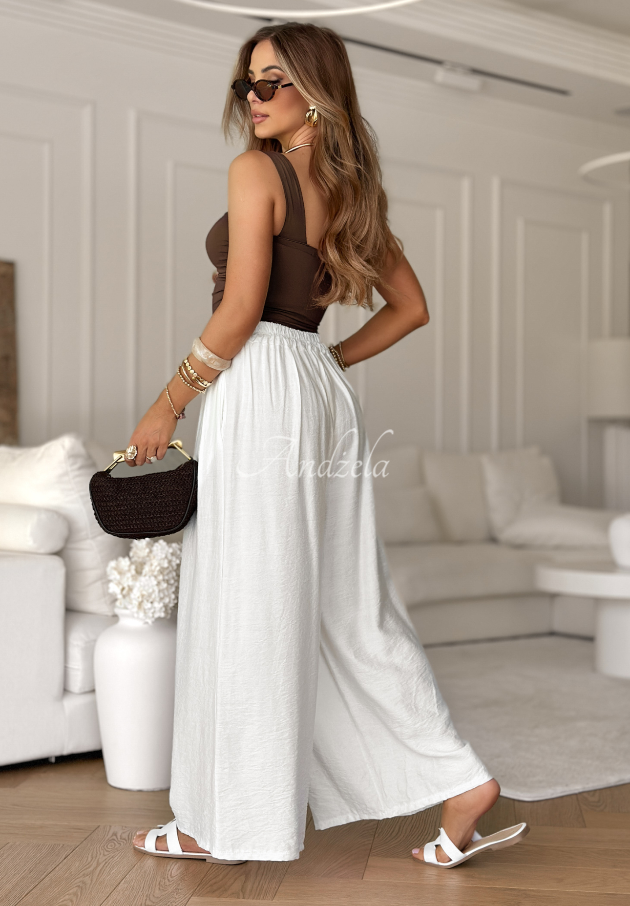 Viskózové kalhoty wide leg s vázáním Wavy Happiness ecru