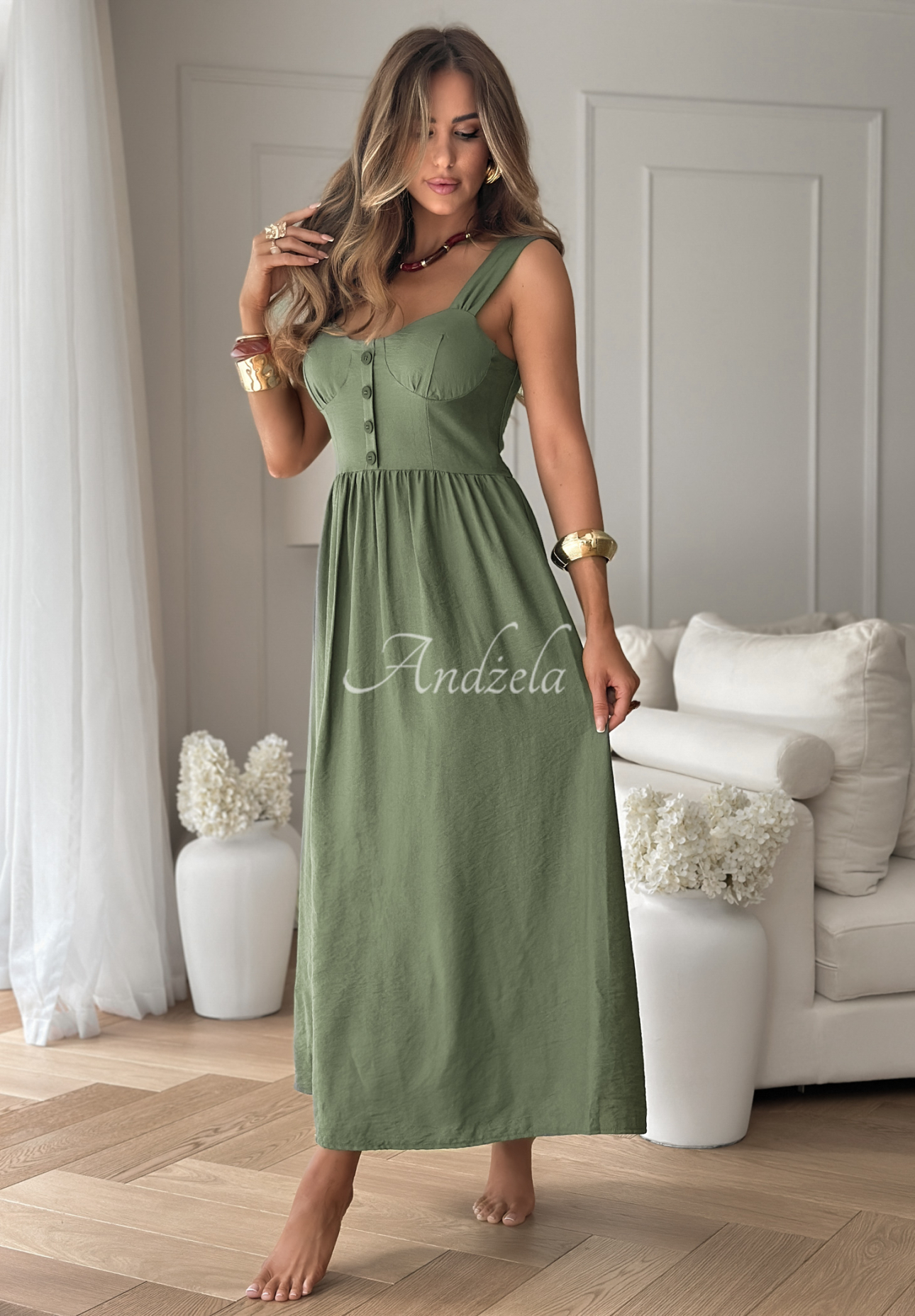 Viskózové šaty na ramínka La Esmeralda khaki