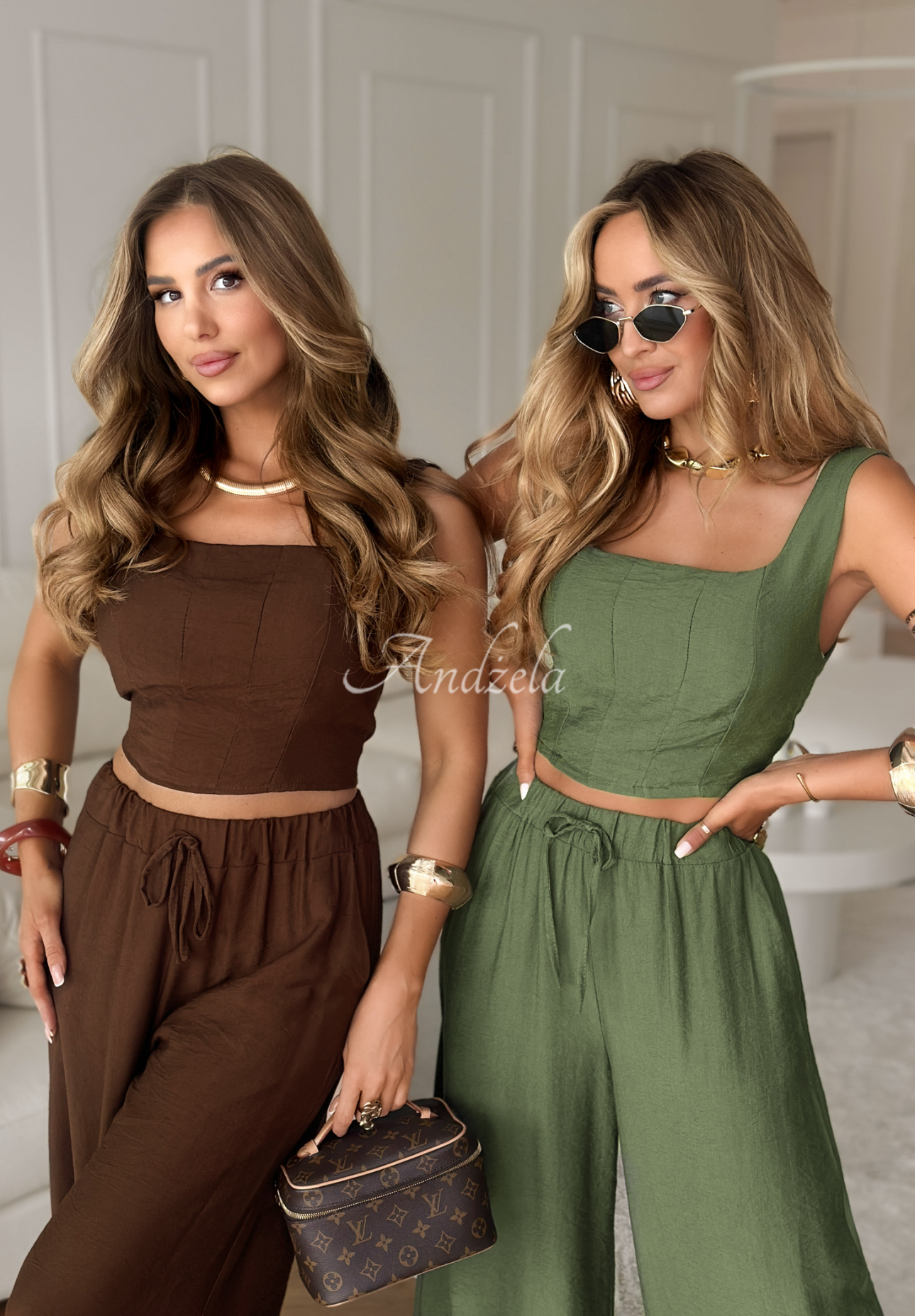 Viskózová souprava top a kalhoty wide leg La Colorada khaki