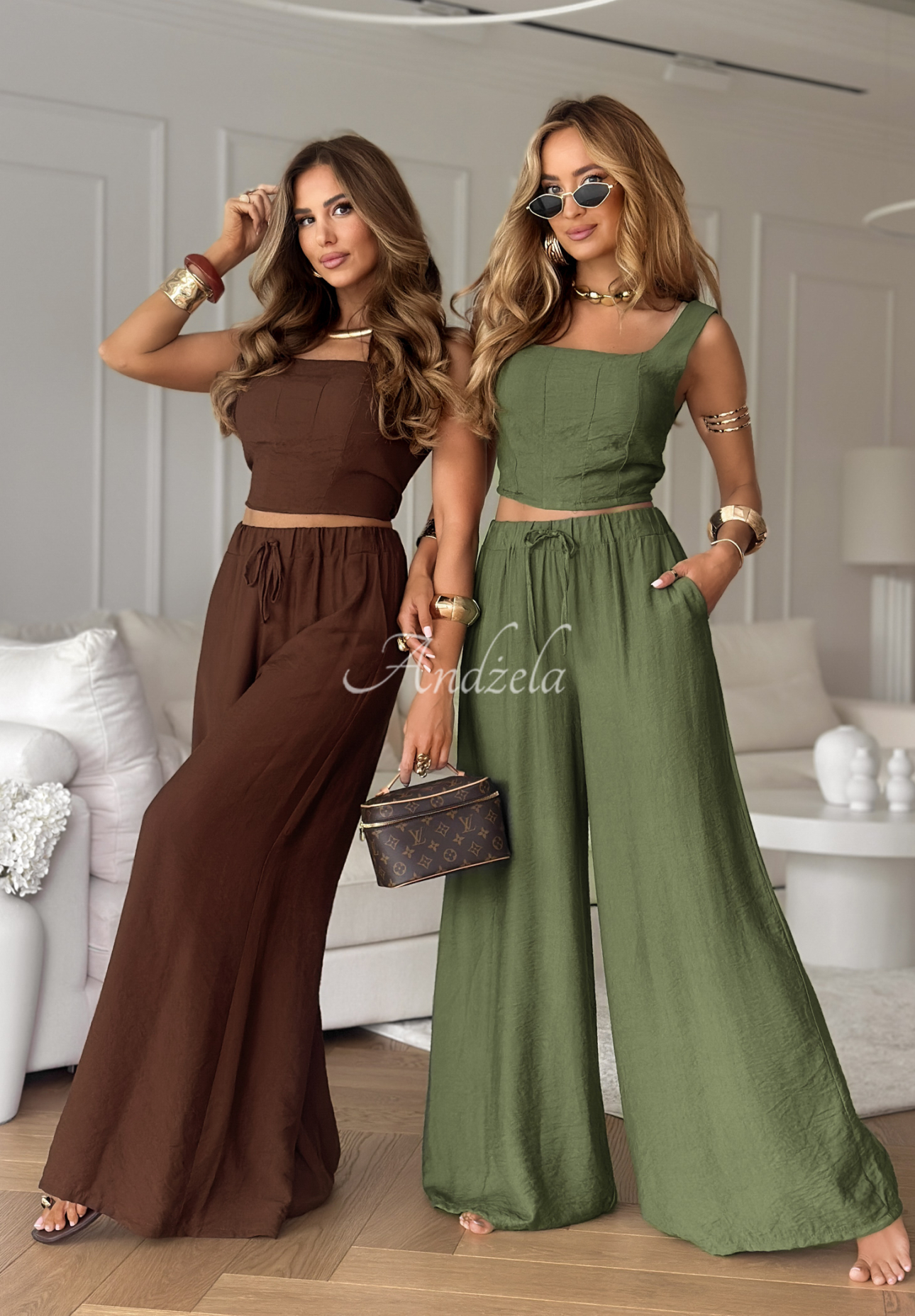 Viskózová souprava top a kalhoty wide leg La Colorada khaki