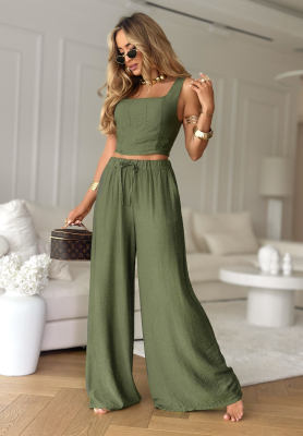 Viskózová souprava top a kalhoty wide leg La Colorada khaki