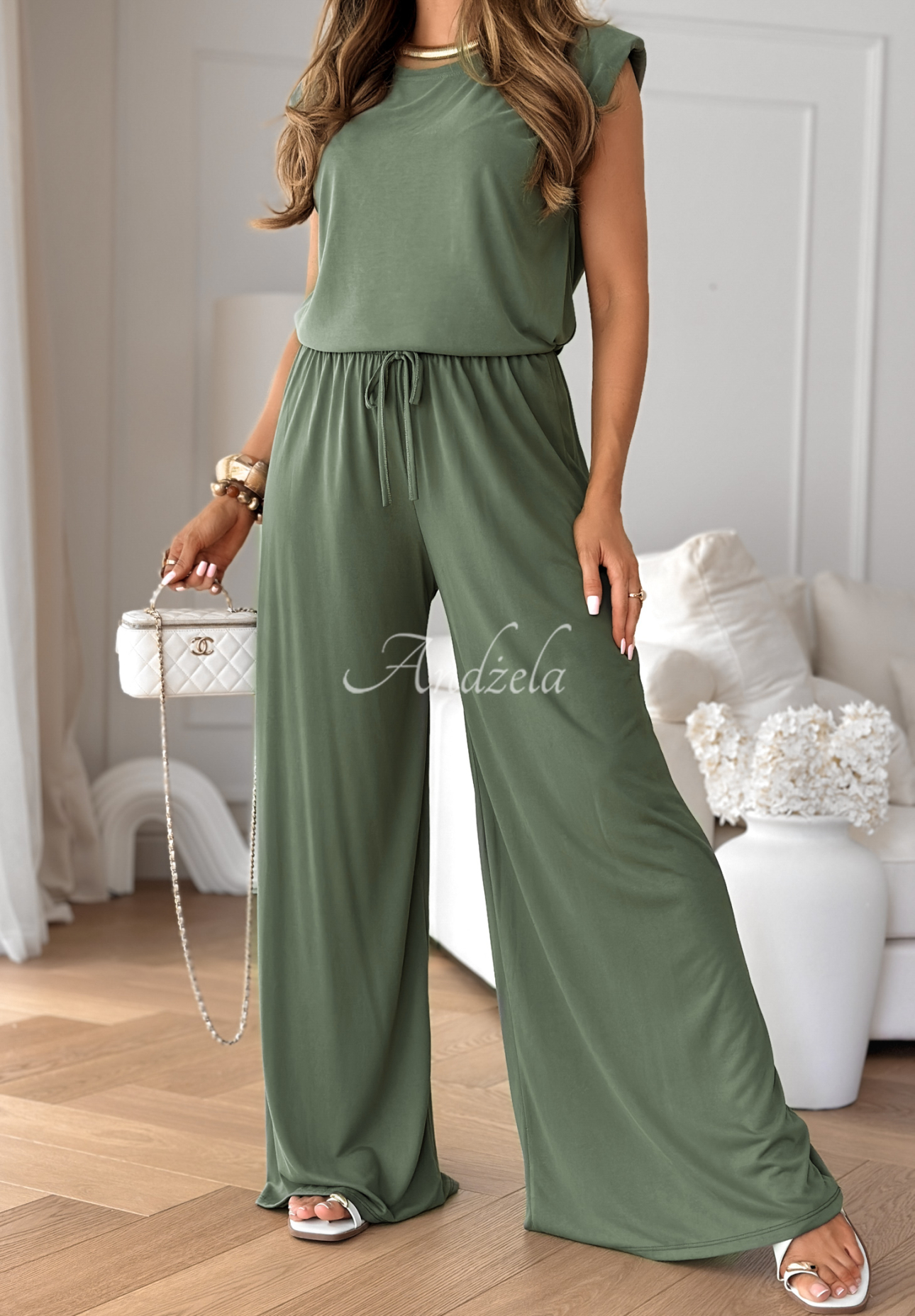 Souprava tank top a kalhoty wide leg The Two Of Us khaki
