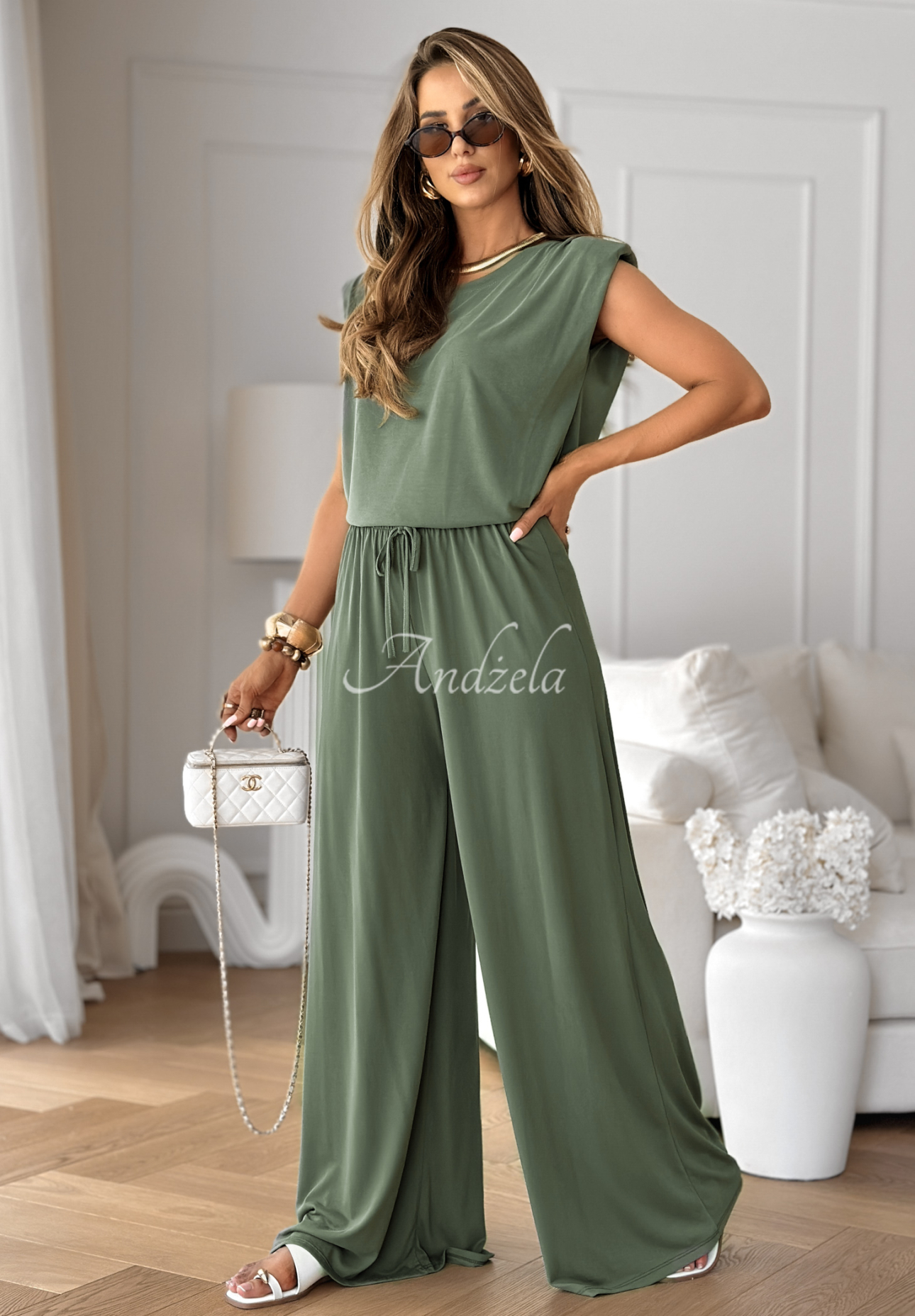 Souprava tank top a kalhoty wide leg The Two Of Us khaki